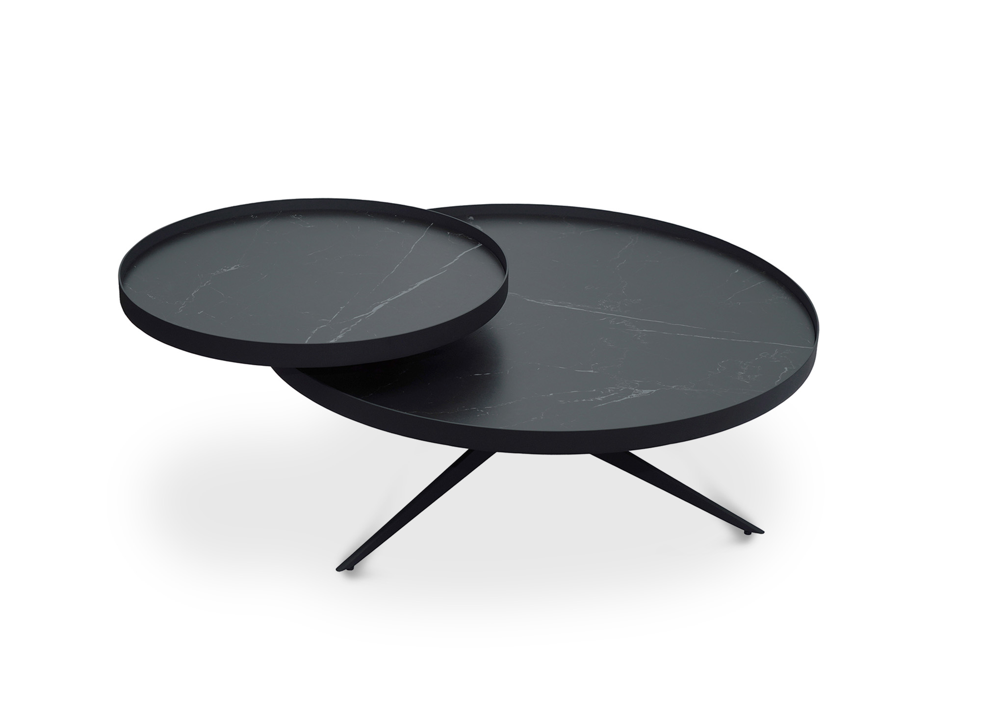 Table basse ronde 2 plateaux pivotants en céramique et métal noir MIRANY