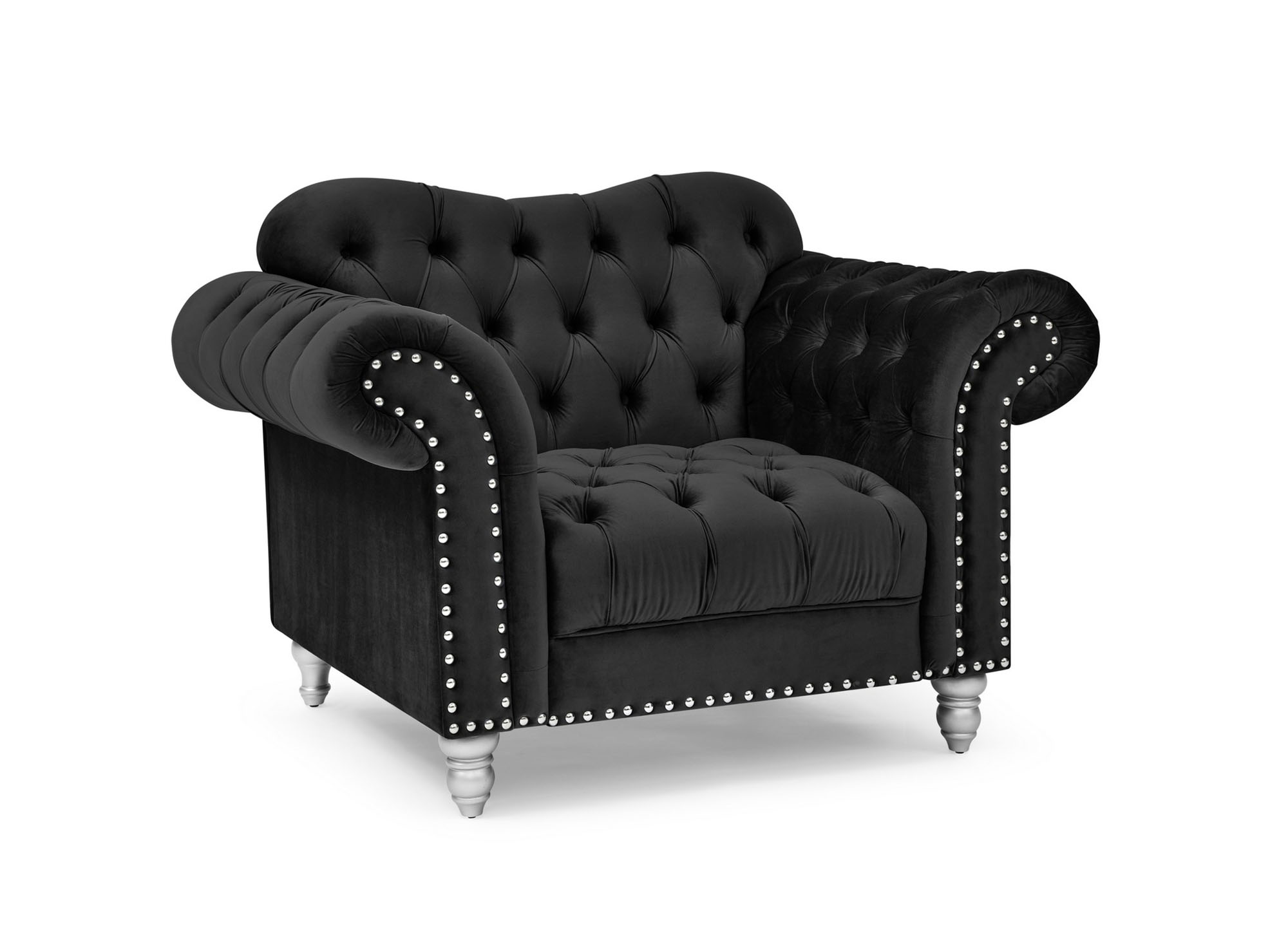 Fauteuil chesterfield courbé en velours noir et pieds en métal argenté - RACHEL