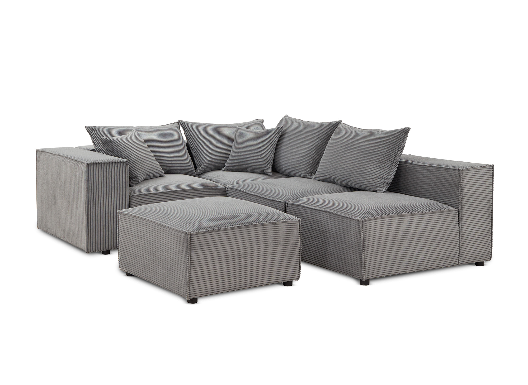 Canapé d'angle modulable avec 1 pouf en velours côtelé épais gris HARLEM XL