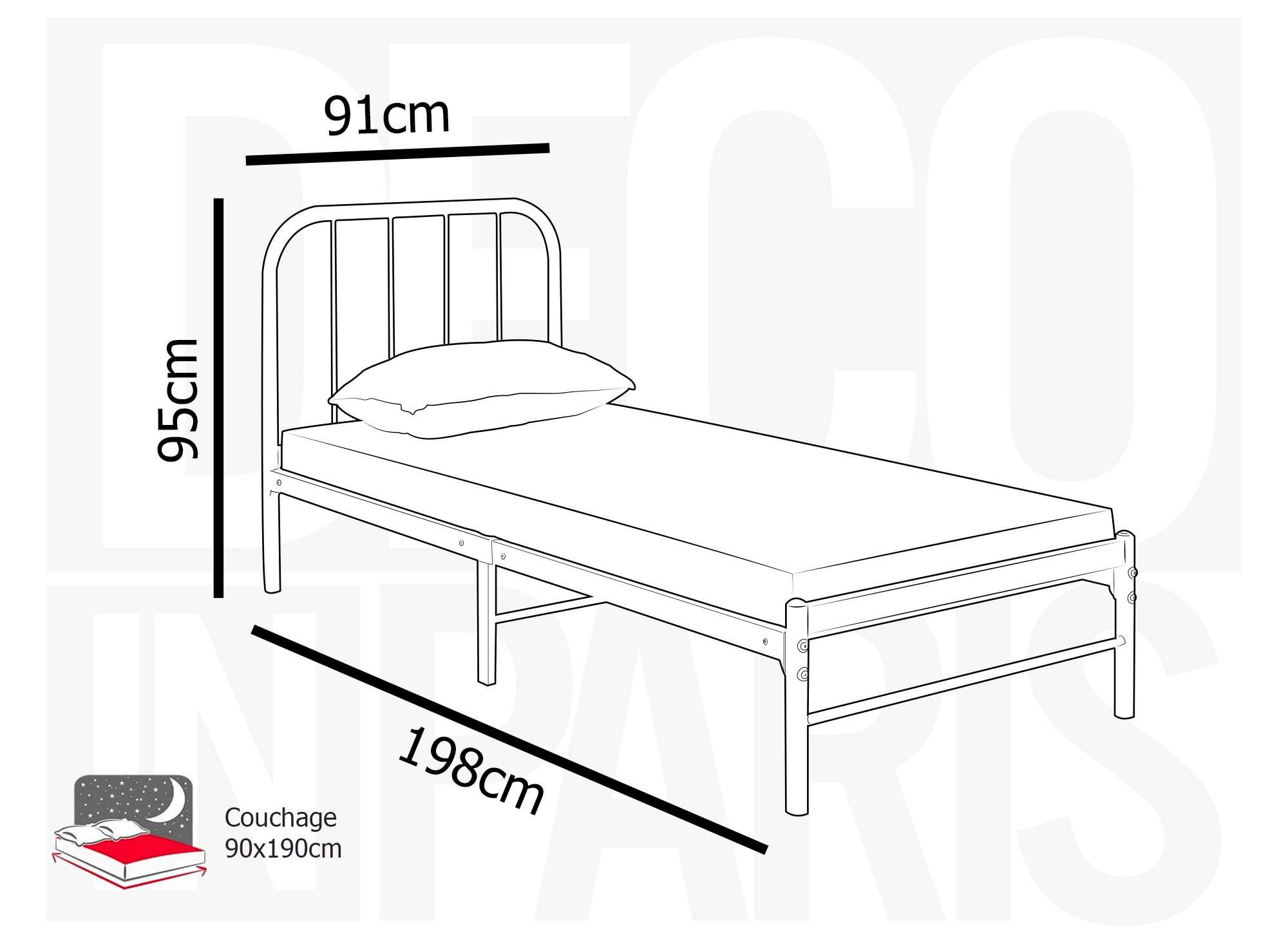 Lit simple en métal noir GASTON 90x190 cm