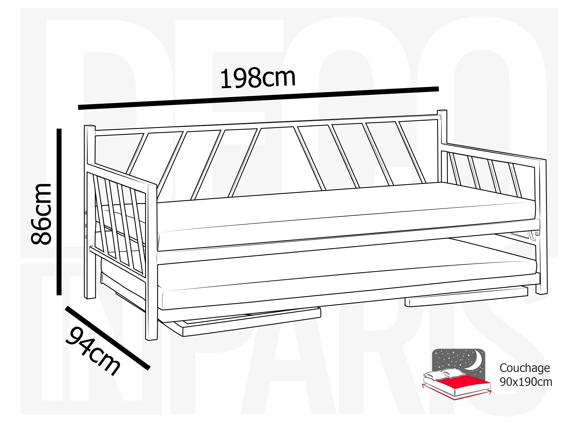 Lit banquette gigogne en métal noir TORRY 90 x 190 cm