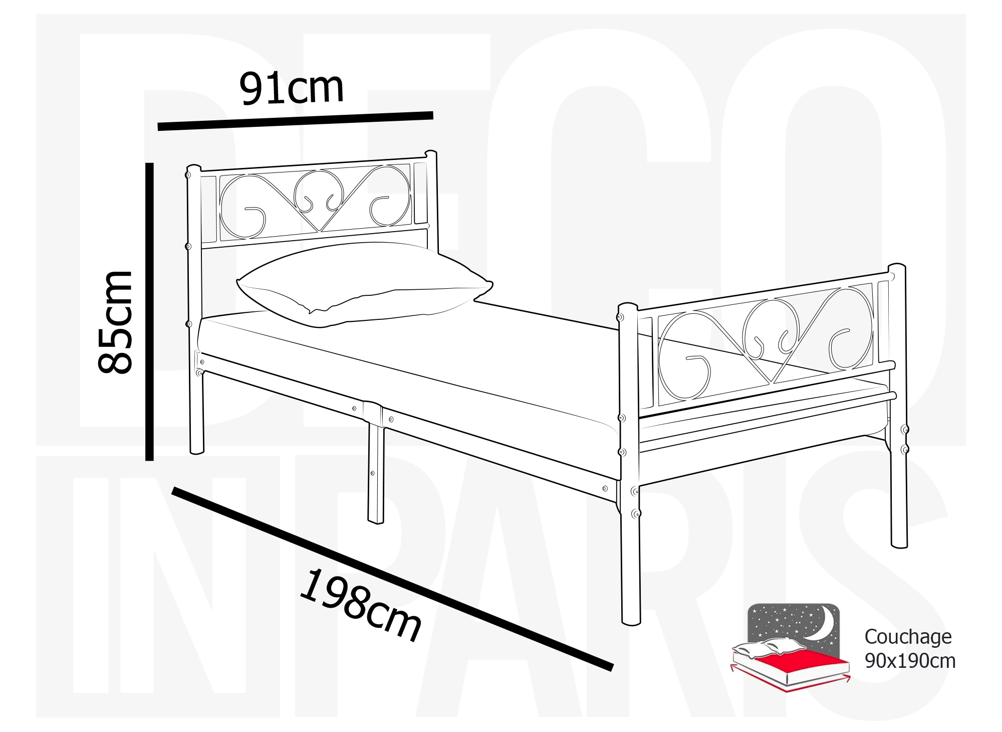 Lit simple en métal noir LUCINA 90 x 190 cm