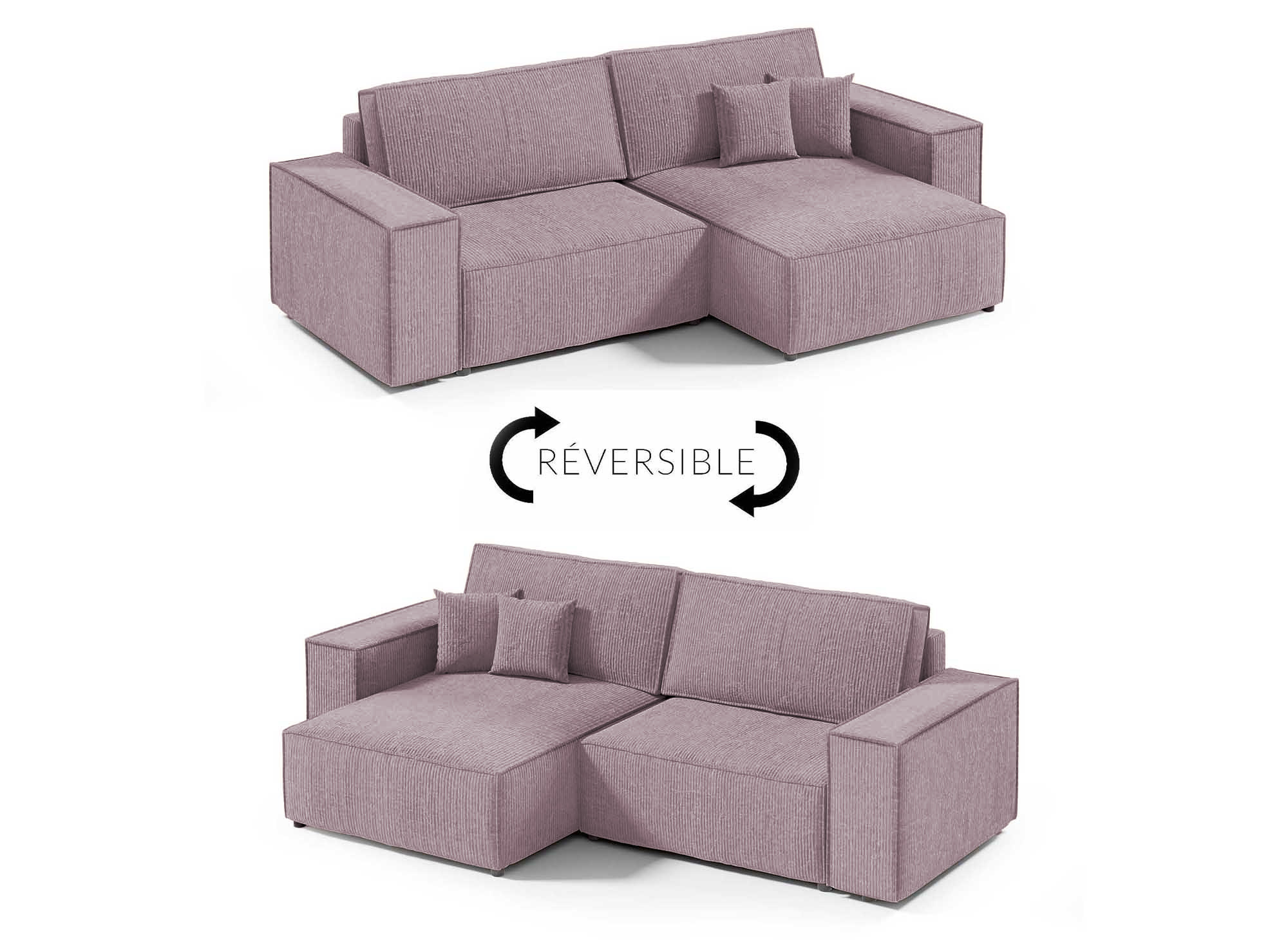 Canapé d'angle convertible et réversible avec coffre en velours côtelé lilas JADE MINI