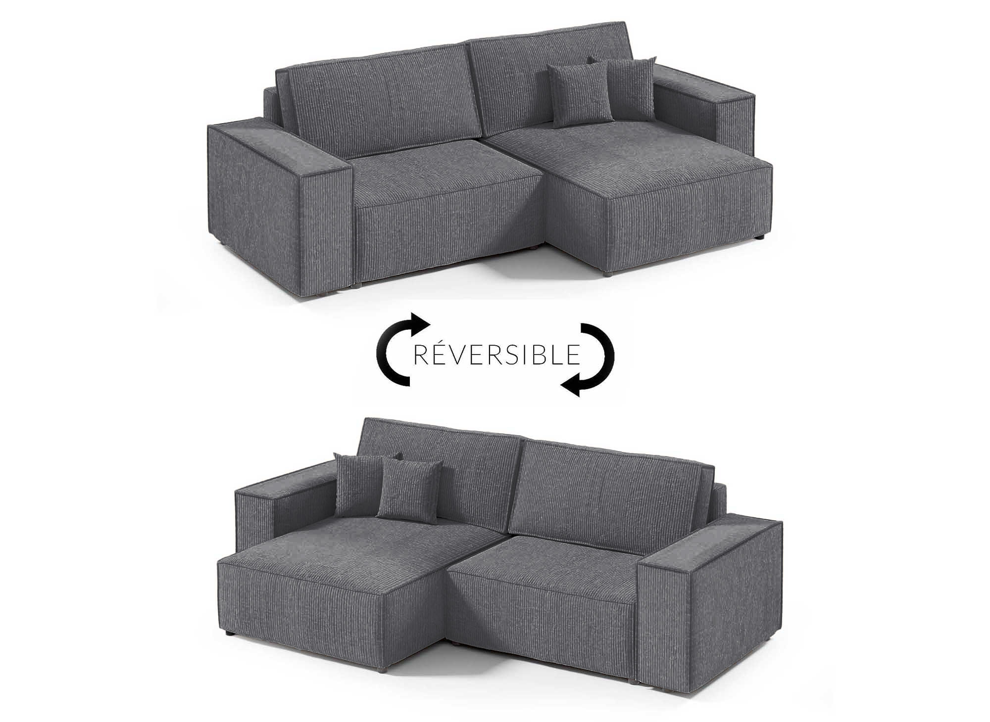 Canapé d'angle convertible et réversible avec coffre en velours côtelé gris anthracite JADE MINI