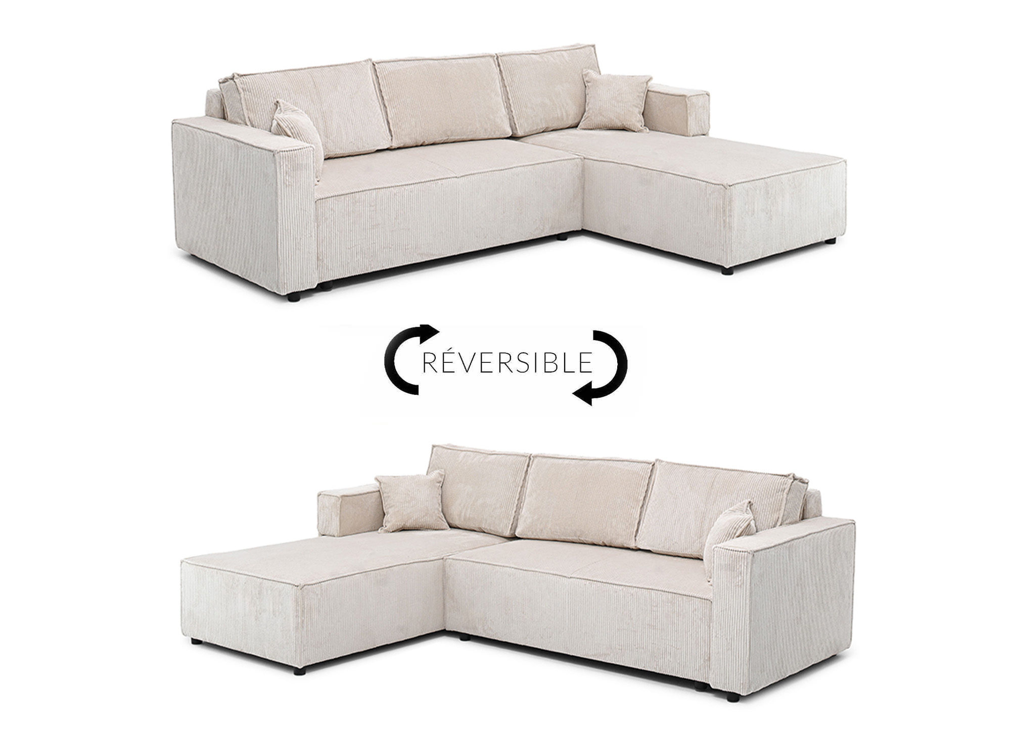 Canapé d'angle convertible réversible avec coffre en velours côtelé beige SYNA