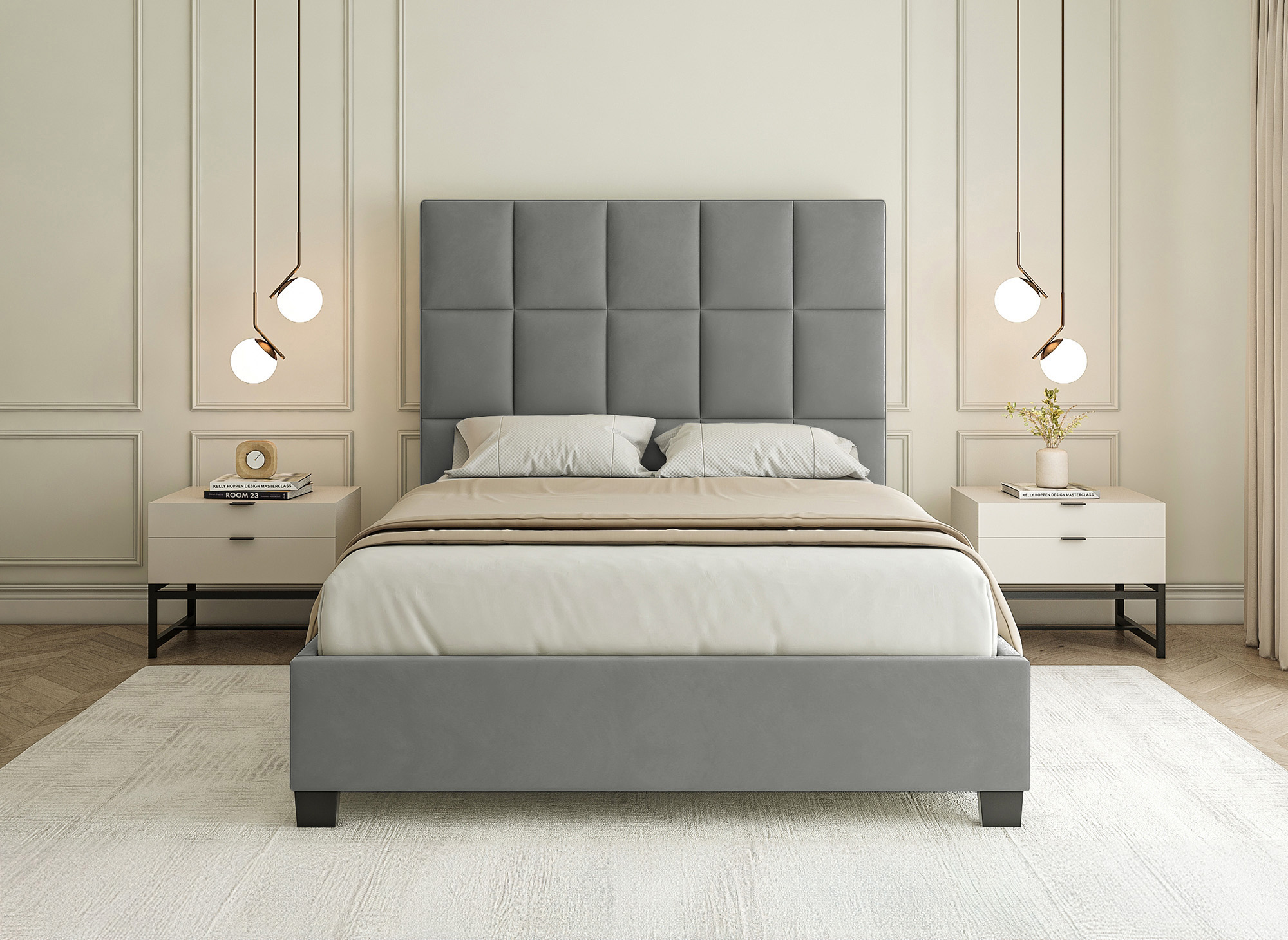 Lit coffre en velours gris design CAROLINE 180 x 200 cm