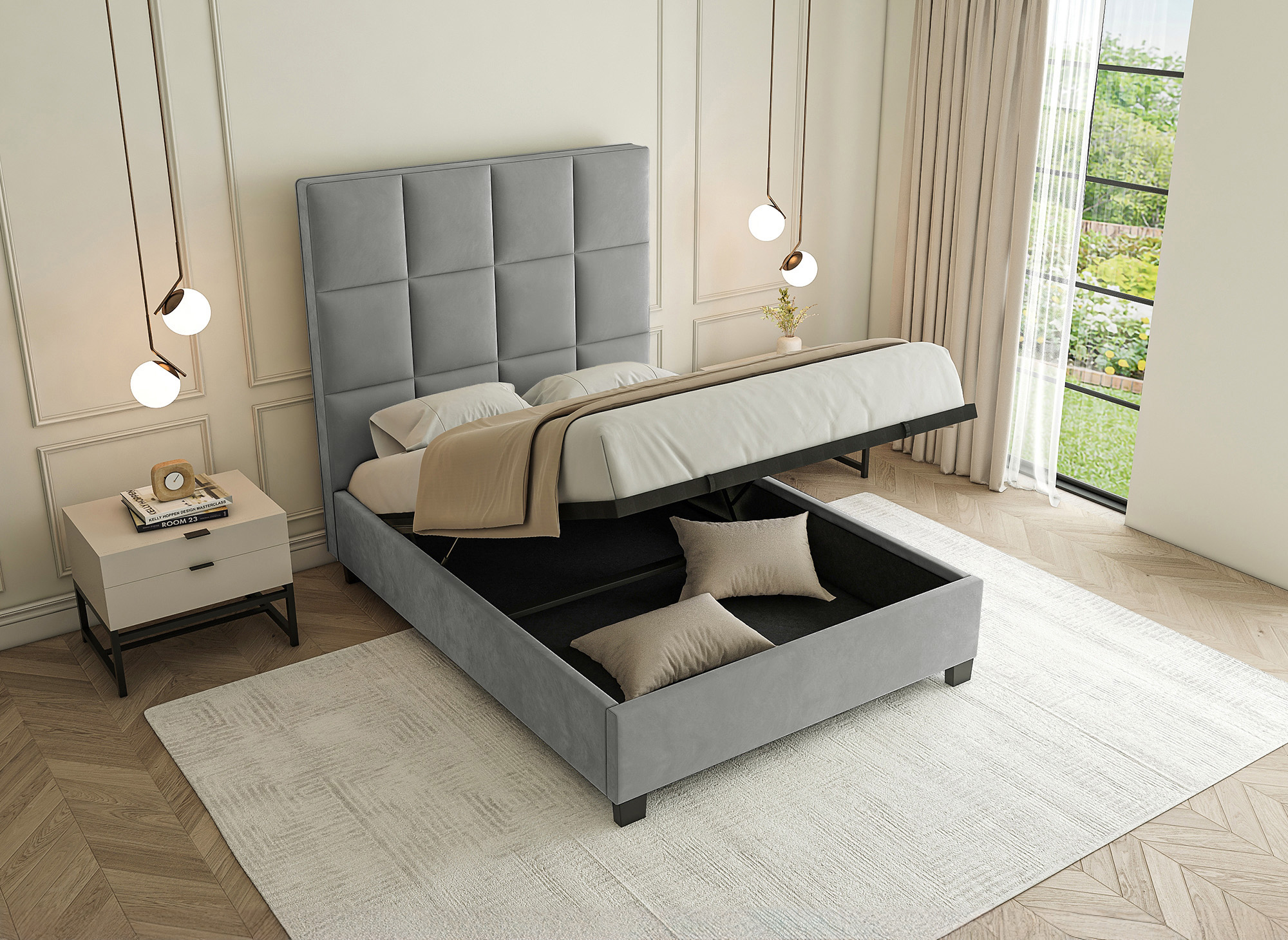 Lit coffre en velours gris design CAROLINE 140 x 190 cm