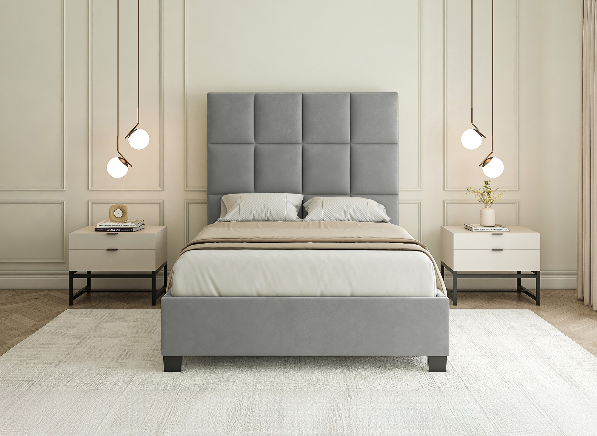 Lit coffre en velours gris design CAROLINE 140 x 190 cm