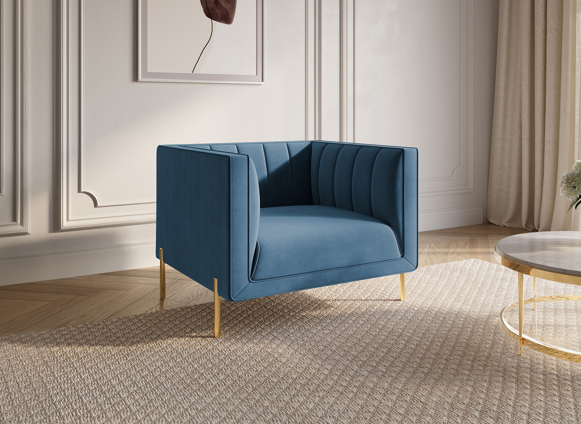 Fauteuil moderne en velours bleu pieds doré ROBY