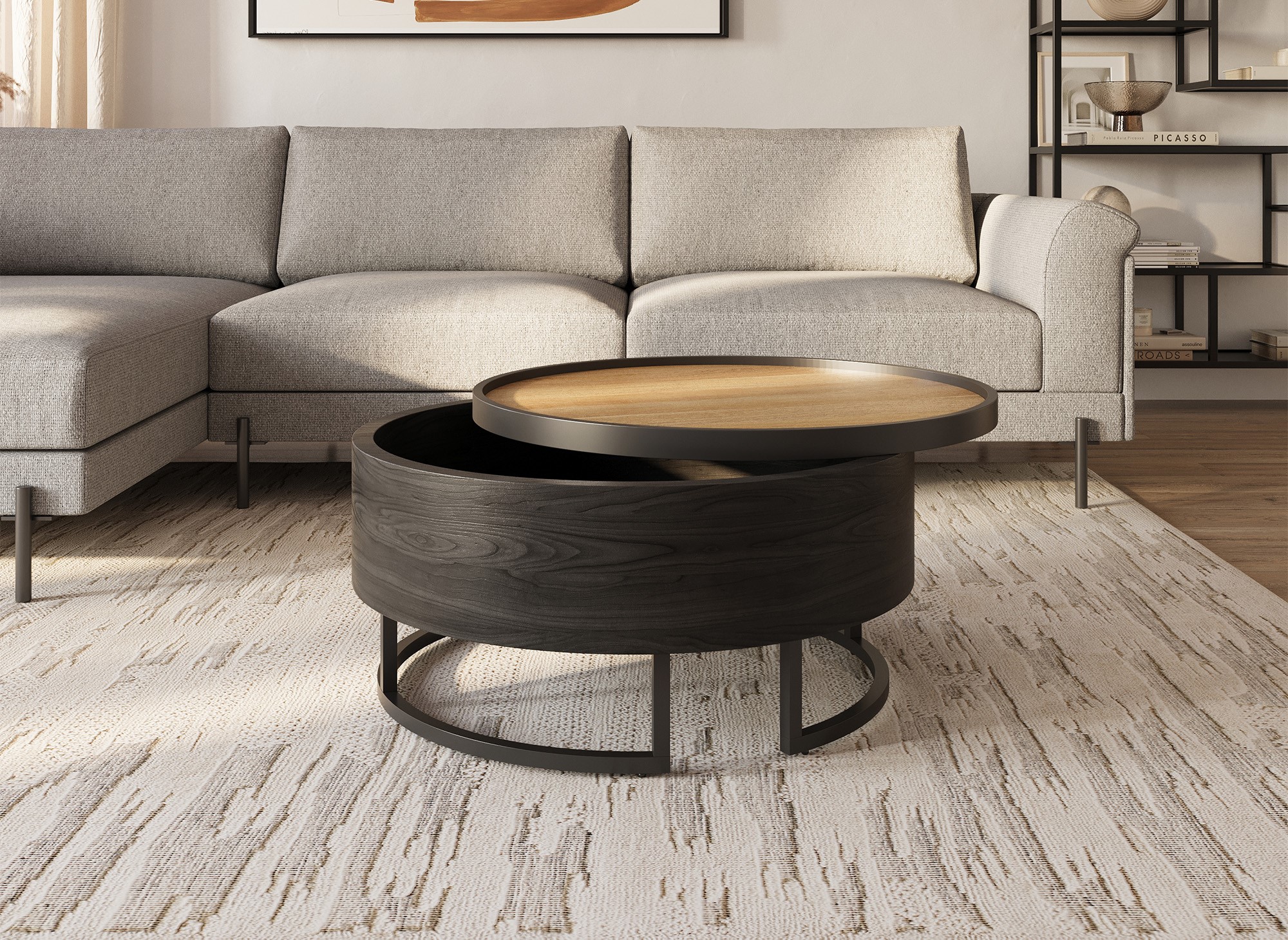 Table basse ronde avec plateau pivotant et rangement en bois et métal noir THELIO