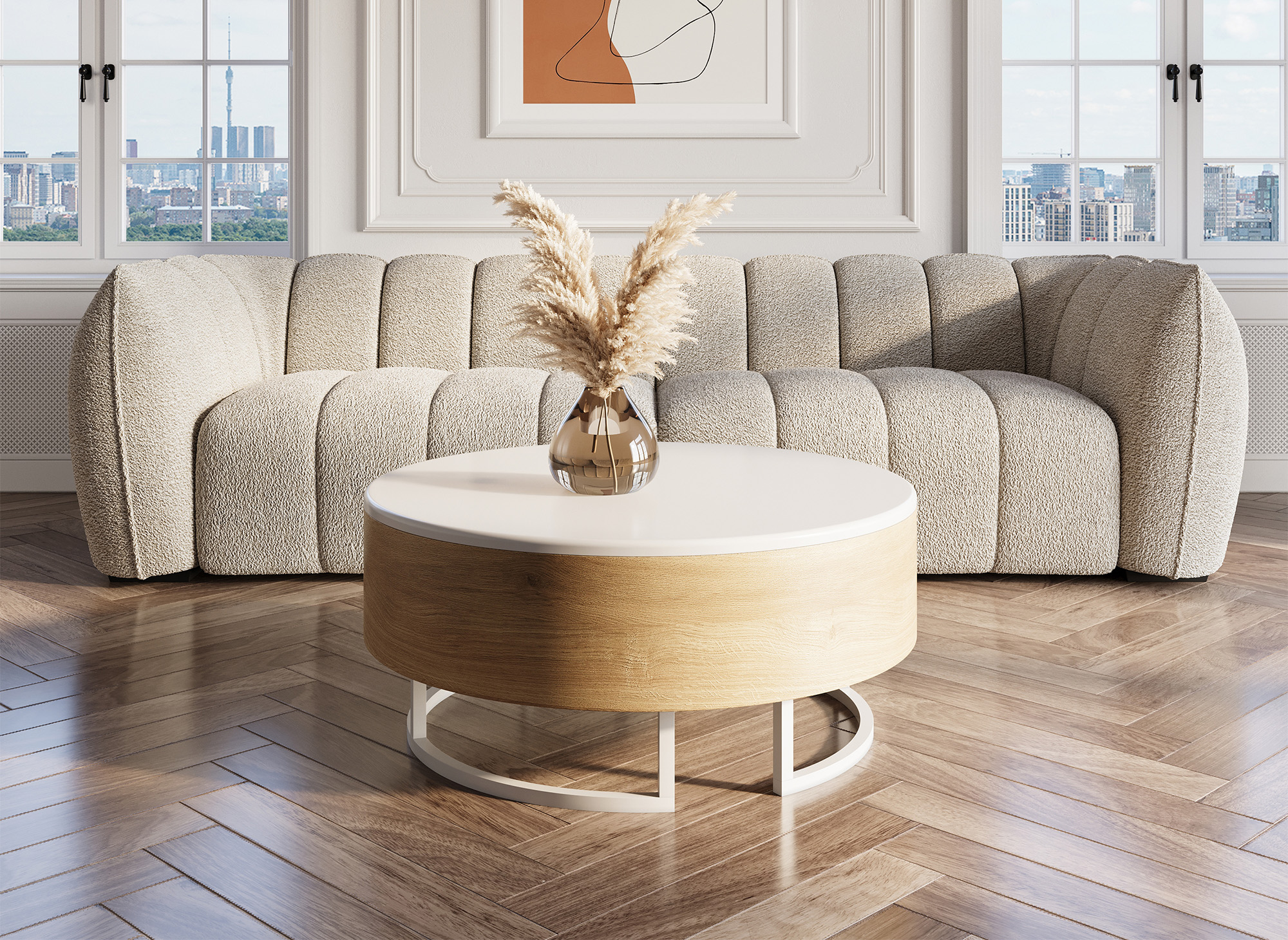 Table basse ronde avec plateau pivotant et rangement en bois et métal blanc BELYA