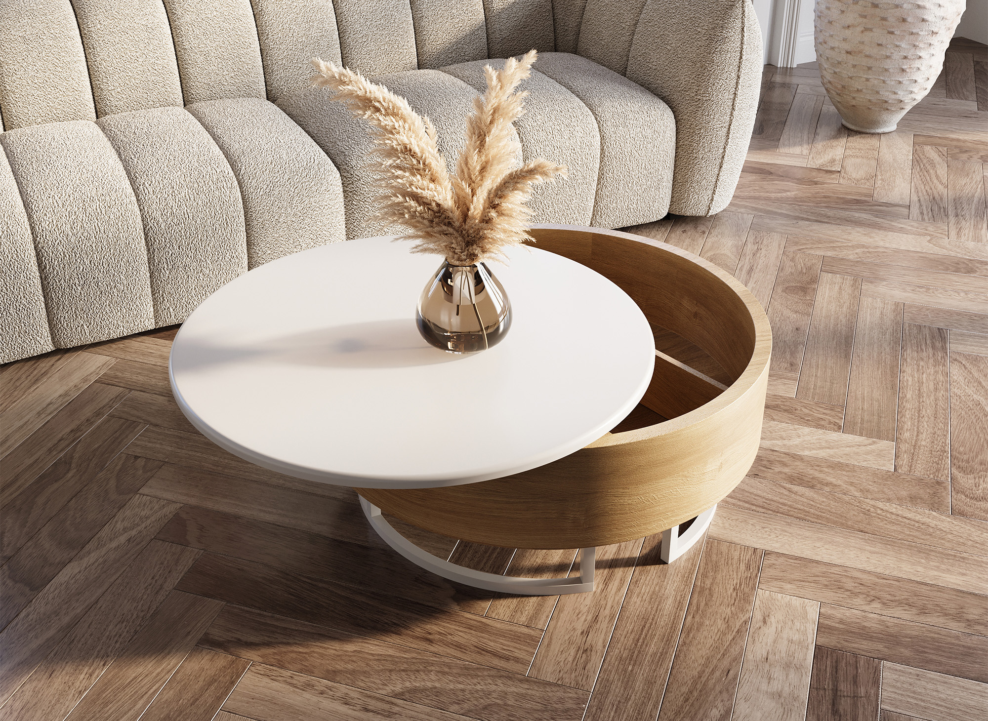 Table basse ronde avec plateau pivotant et rangement en bois et métal blanc BELYA