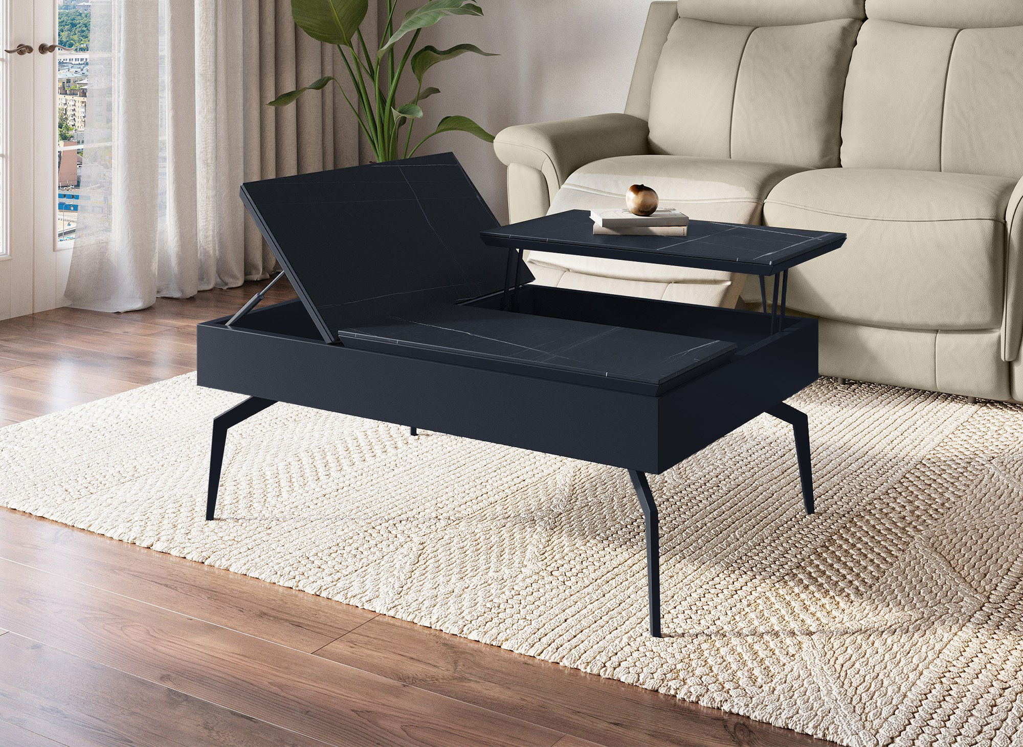 Table basse design avec plateau relevable en céramique noir SILVANA