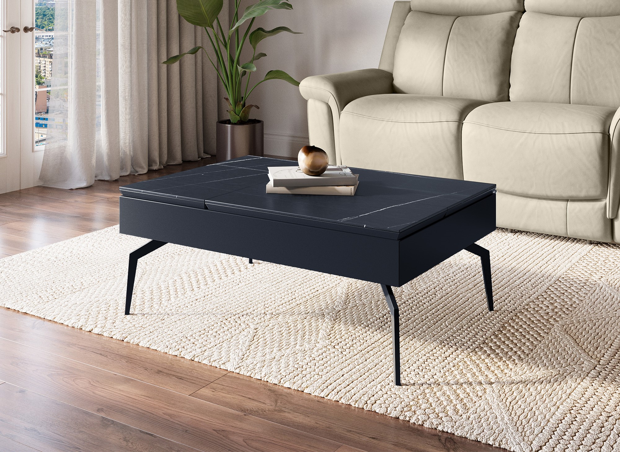 Table basse design avec plateau relevable en céramique noir SILVANA