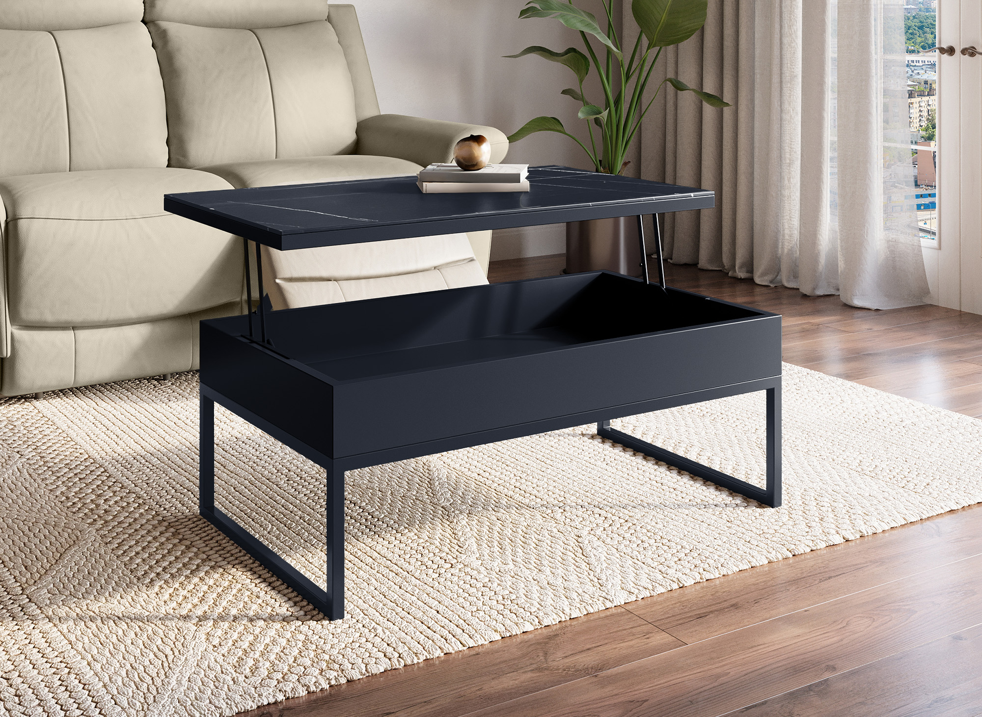 Table basse design avec plateau relevable en céramique noir MARIE