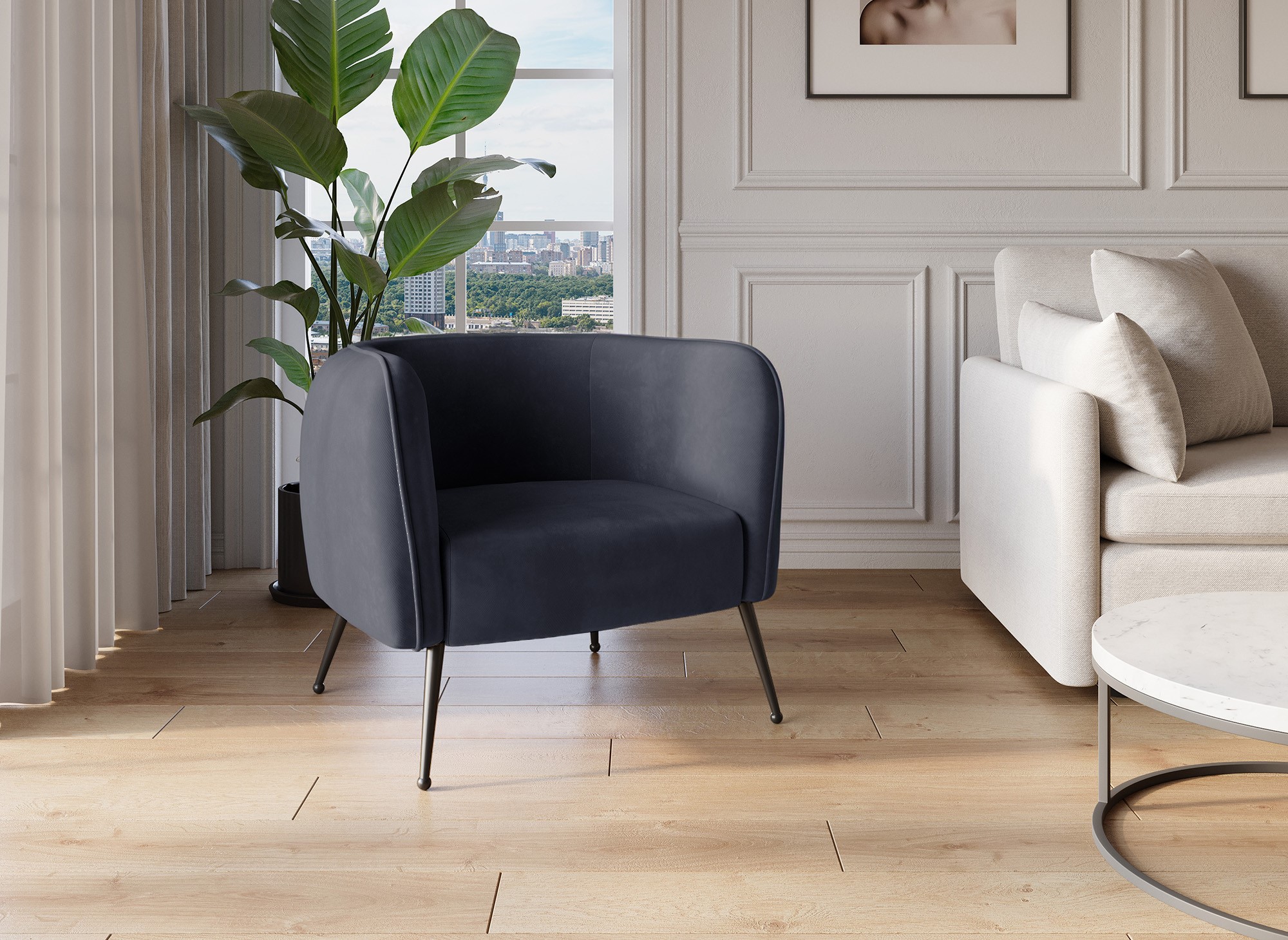 Fauteuil cabriolet en velours noir pieds noir PERRY