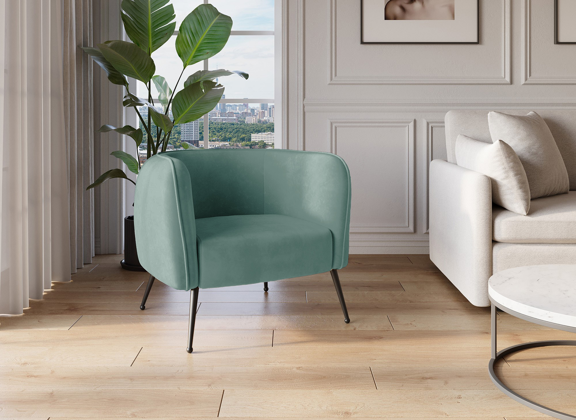 Fauteuil cabriolet en velours vert d'eau pieds noir PERRY