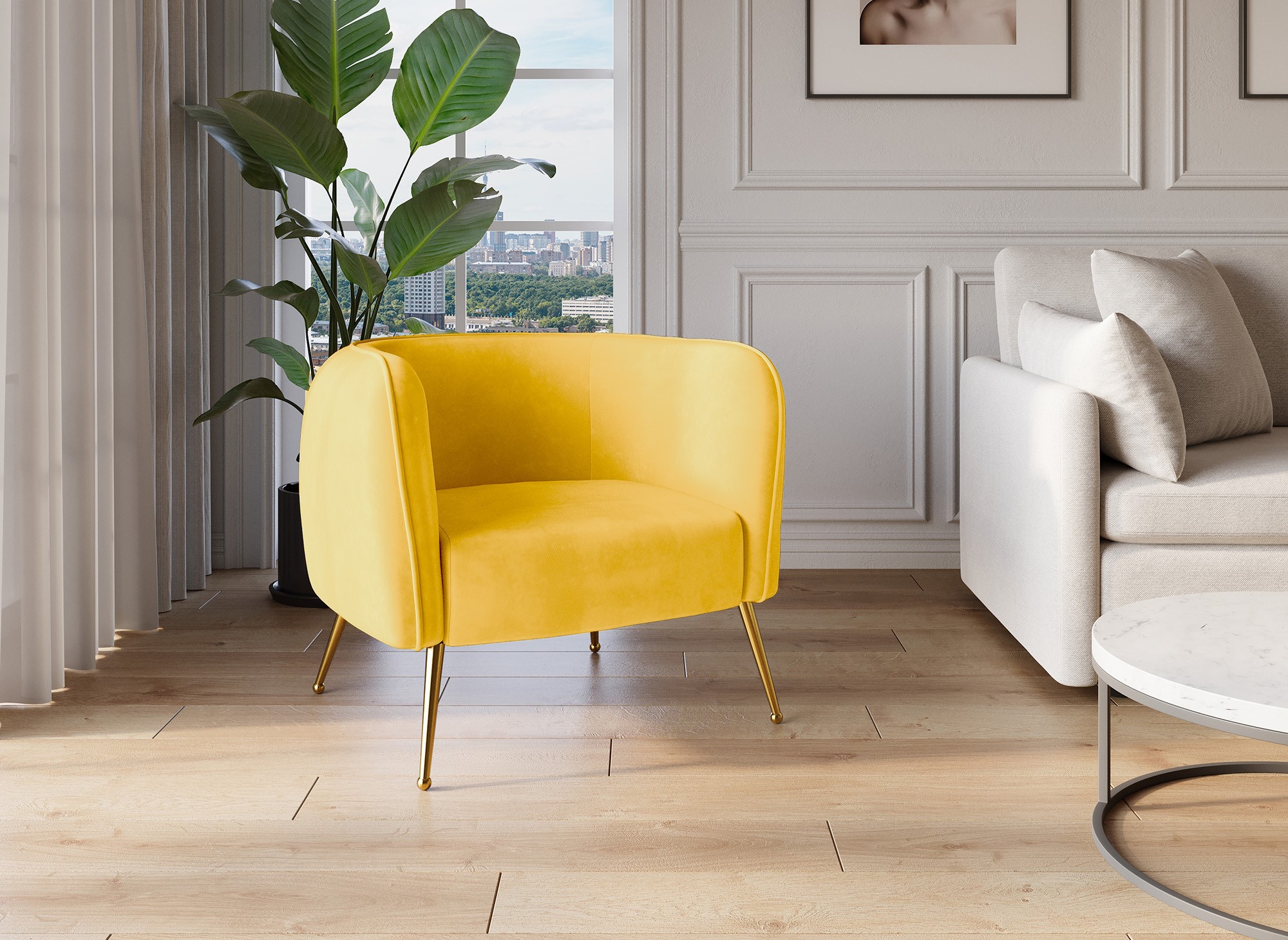 Fauteuil cabriolet en velours jaune pieds doré PERRY