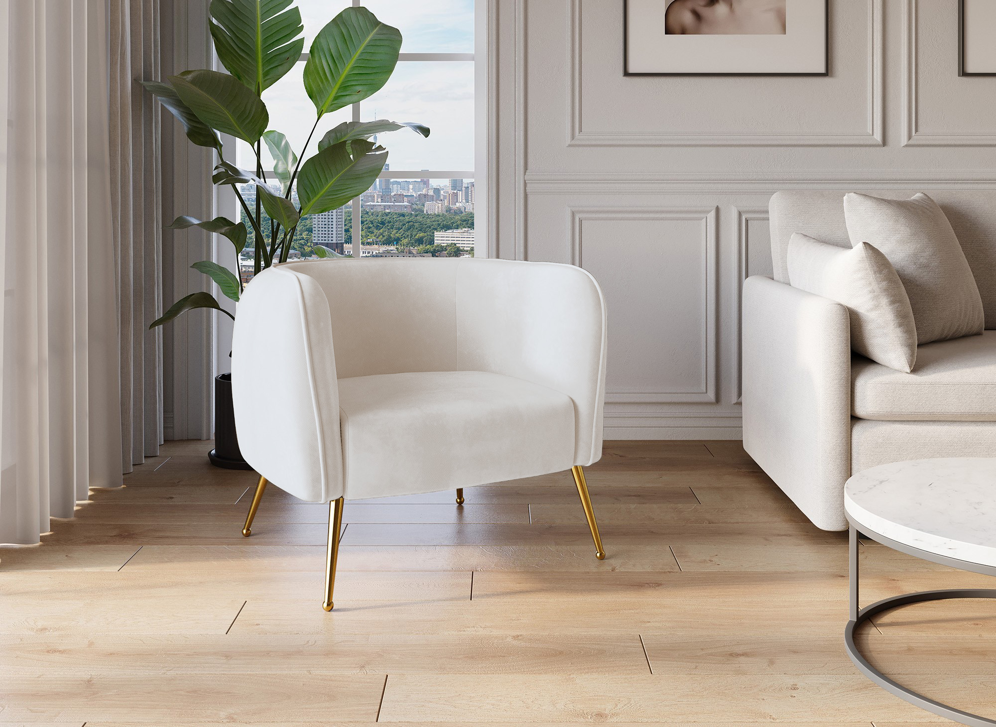 Fauteuil cabriolet en velours beige pieds doré PERRY