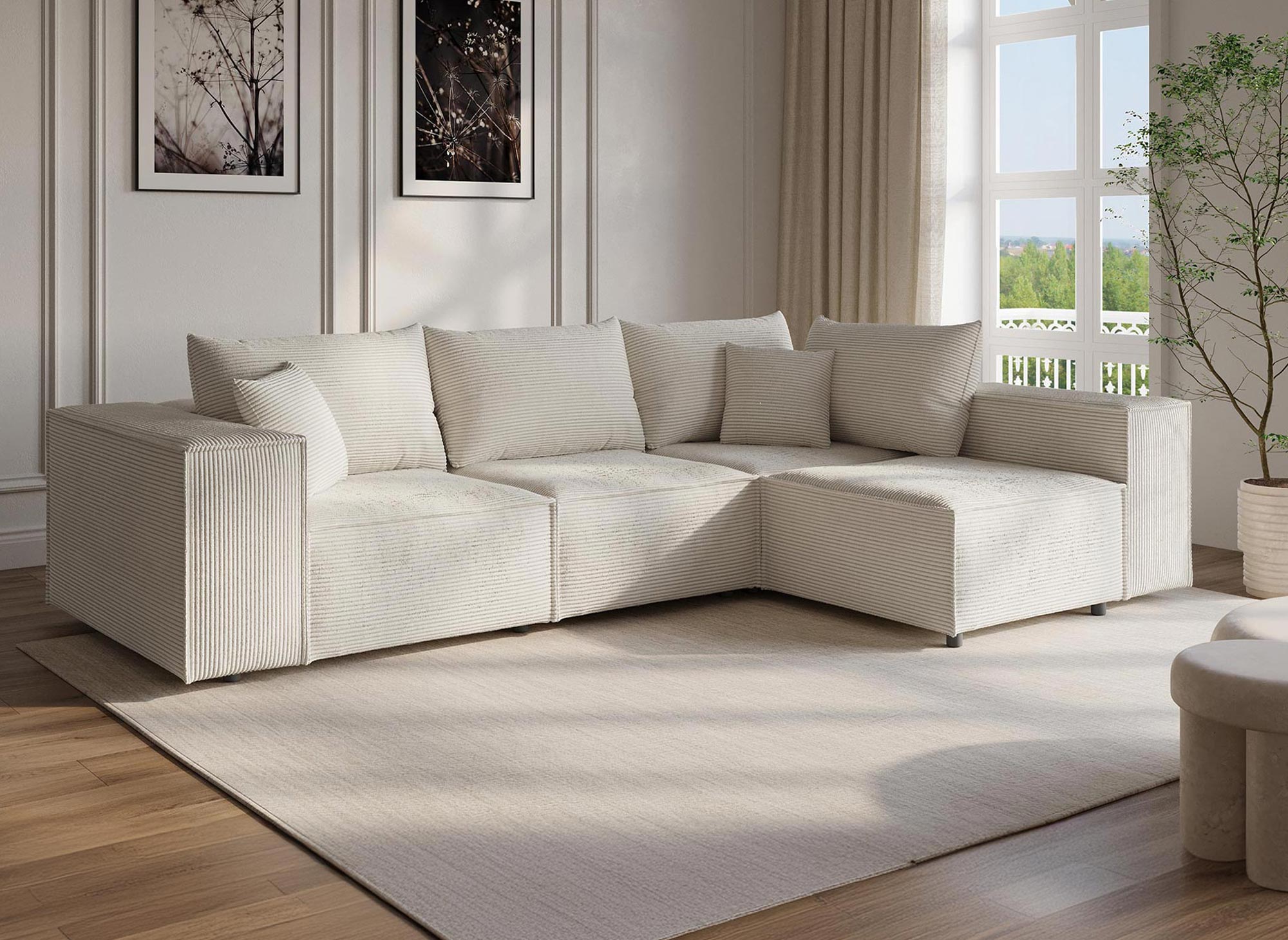 Canapé d'angle modulable avec 1 pouf en velours côtelé épais beige HARLEM XL