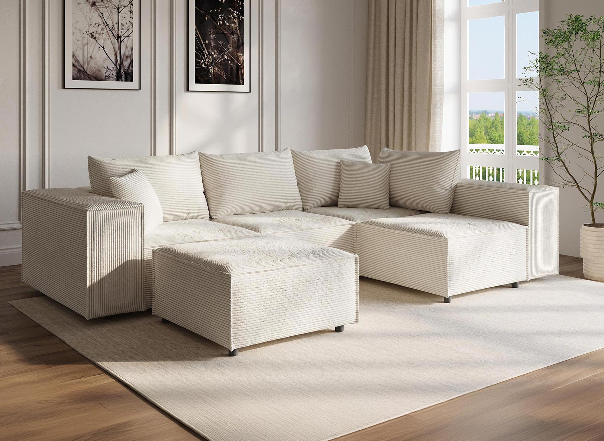 Canapé d'angle modulable avec 1 pouf en velours côtelé épais beige HARLEM XL