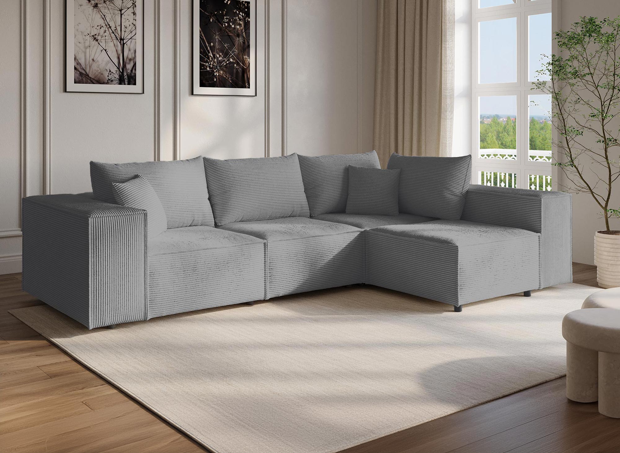 Canapé d'angle modulable avec 1 pouf en velours côtelé épais gris HARLEM XL