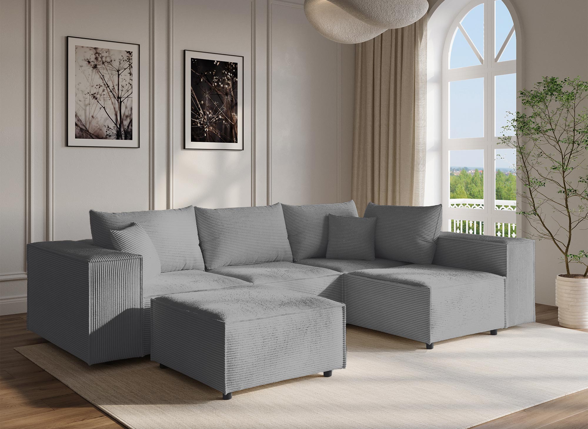 Canapé d'angle modulable avec 1 pouf en velours côtelé épais gris HARLEM XL