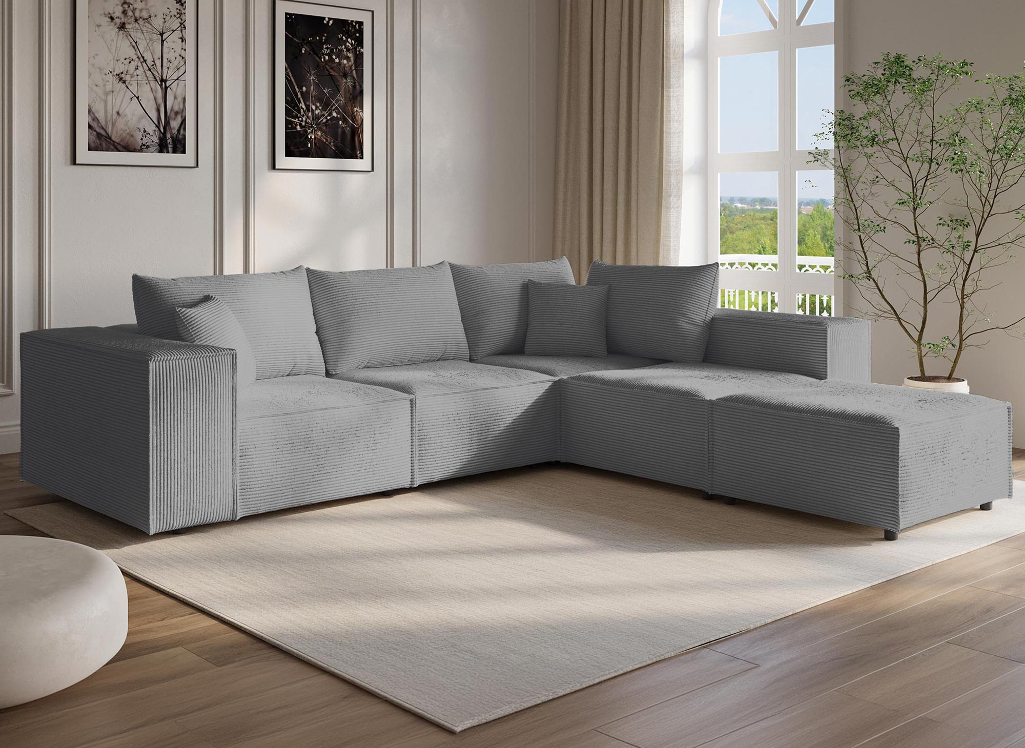 Canapé d'angle modulable avec 1 pouf en velours côtelé épais gris HARLEM XL