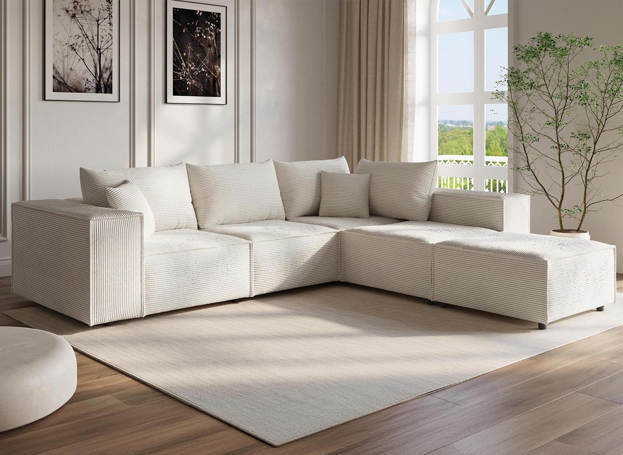 Canapé d'angle modulable avec 1 pouf en velours côtelé épais beige HARLEM XL