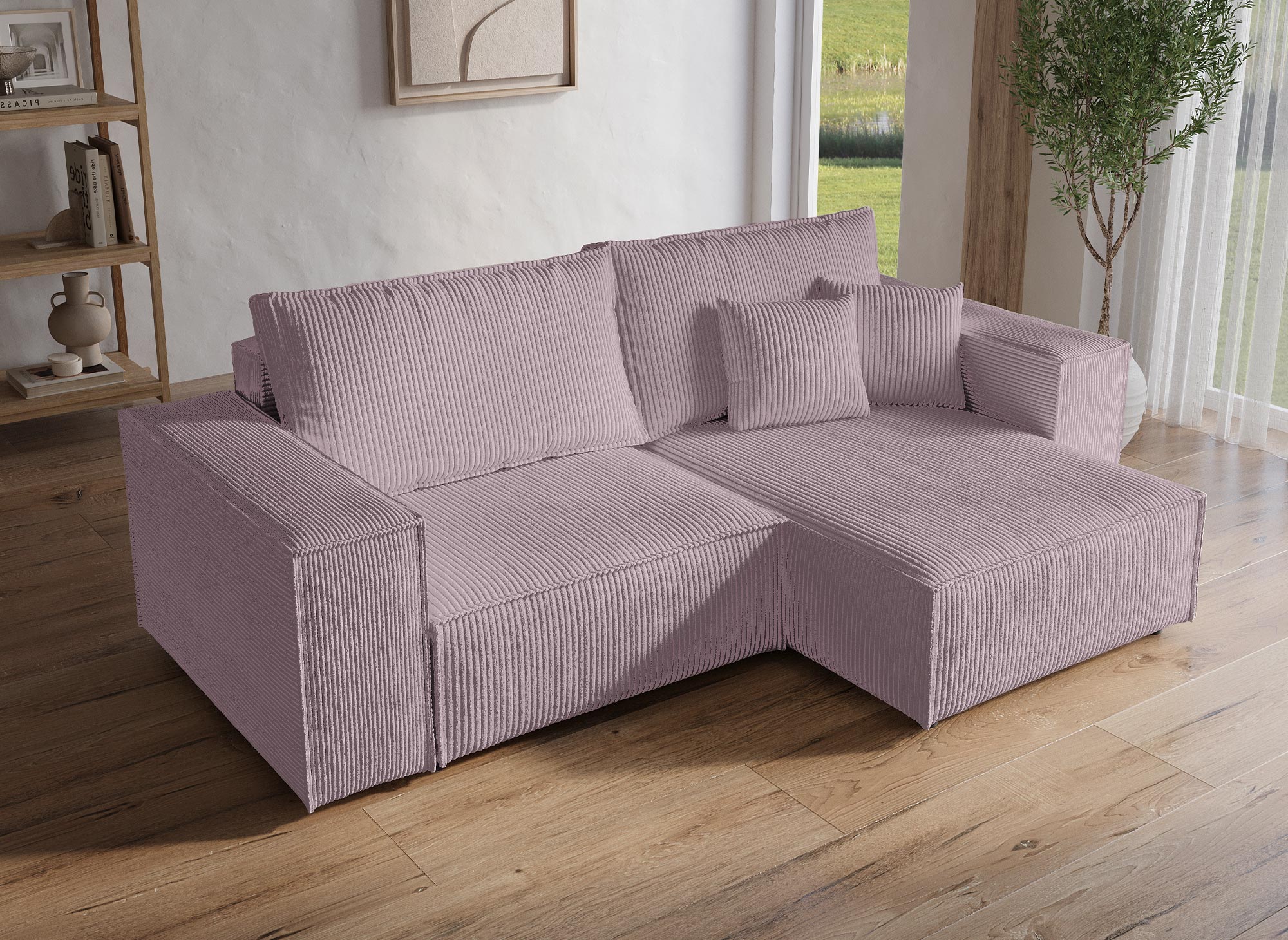 Canapé d'angle convertible et réversible avec coffre en velours côtelé lilas JADE MINI