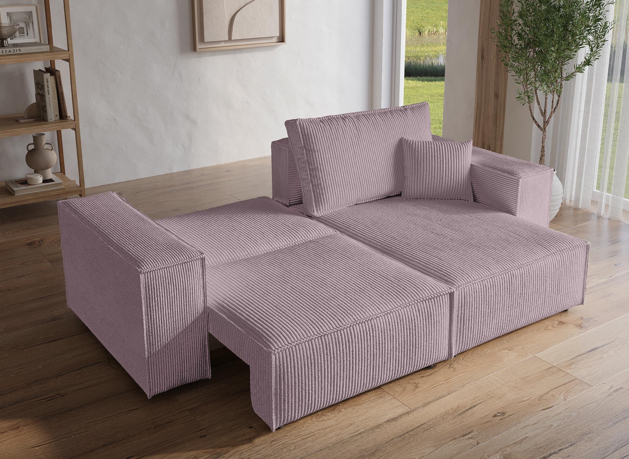 Canapé d'angle convertible et réversible avec coffre en velours côtelé lilas JADE MINI