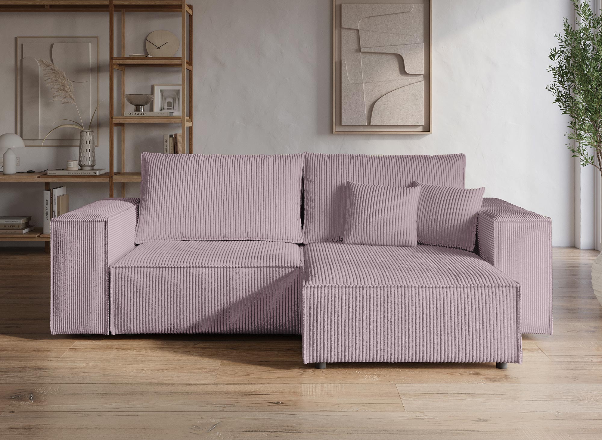 Canapé d'angle convertible et réversible avec coffre en velours côtelé lilas JADE MINI