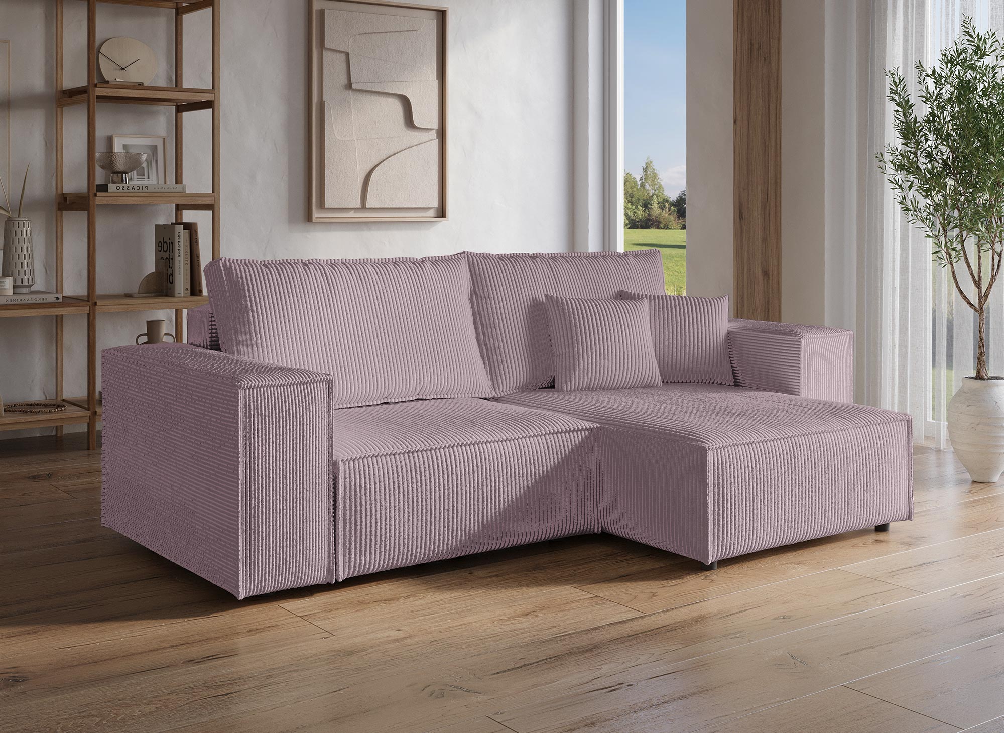 Canapé d'angle convertible et réversible avec coffre en velours côtelé lilas JADE MINI