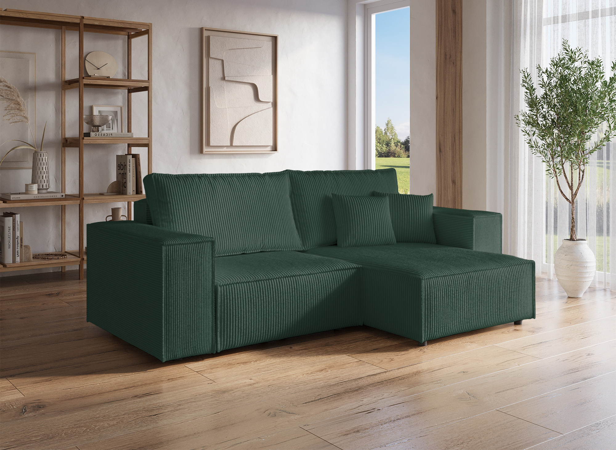 Canapé d'angle convertible et réversible avec coffre en velours côtelé vert  JADE MINI