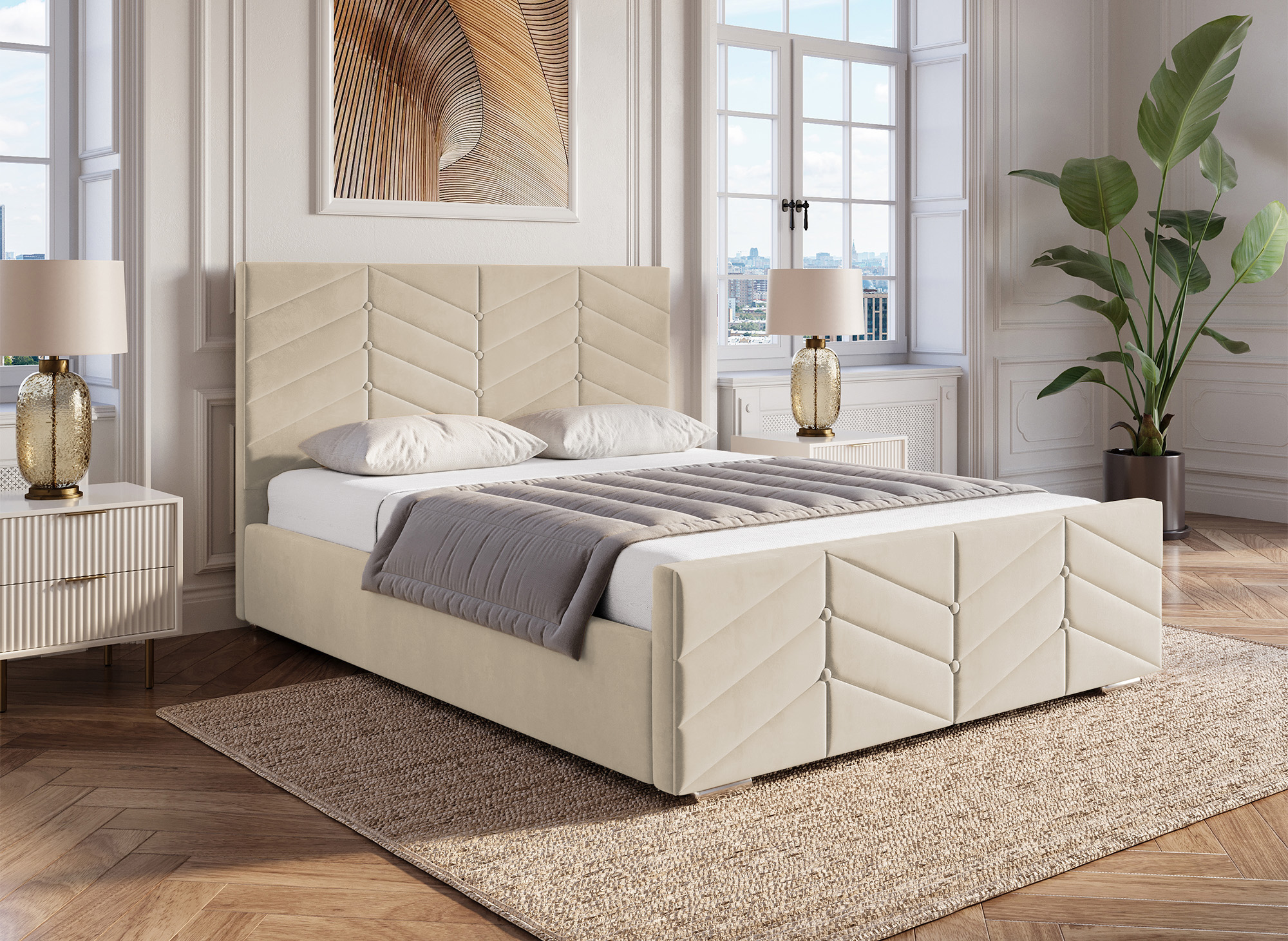 Lit avec sommier relevable et coffre en velours beige 180x200 cm PALMA