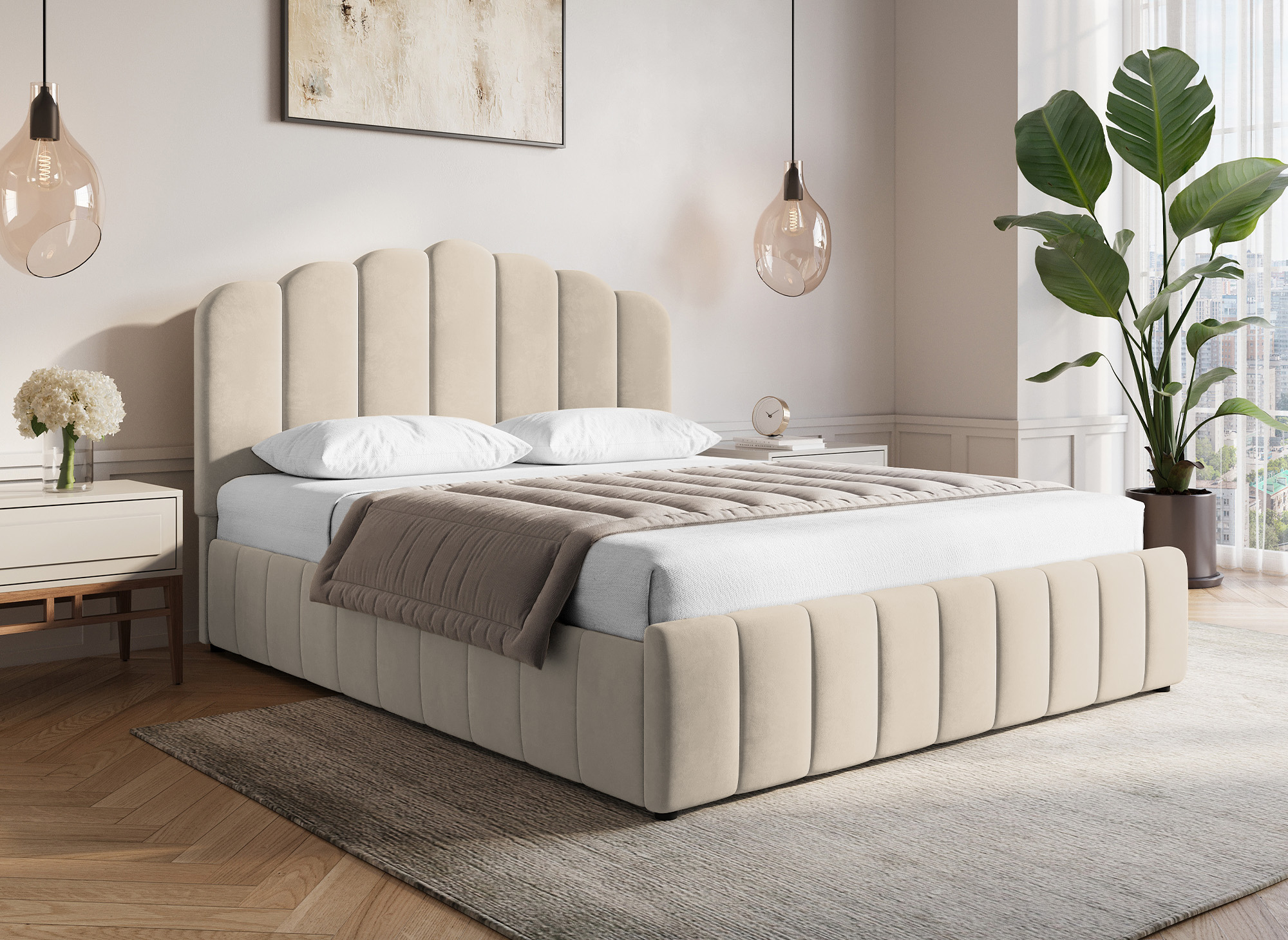 Lit coffre en velours beige 140x190 cm ELVIRA