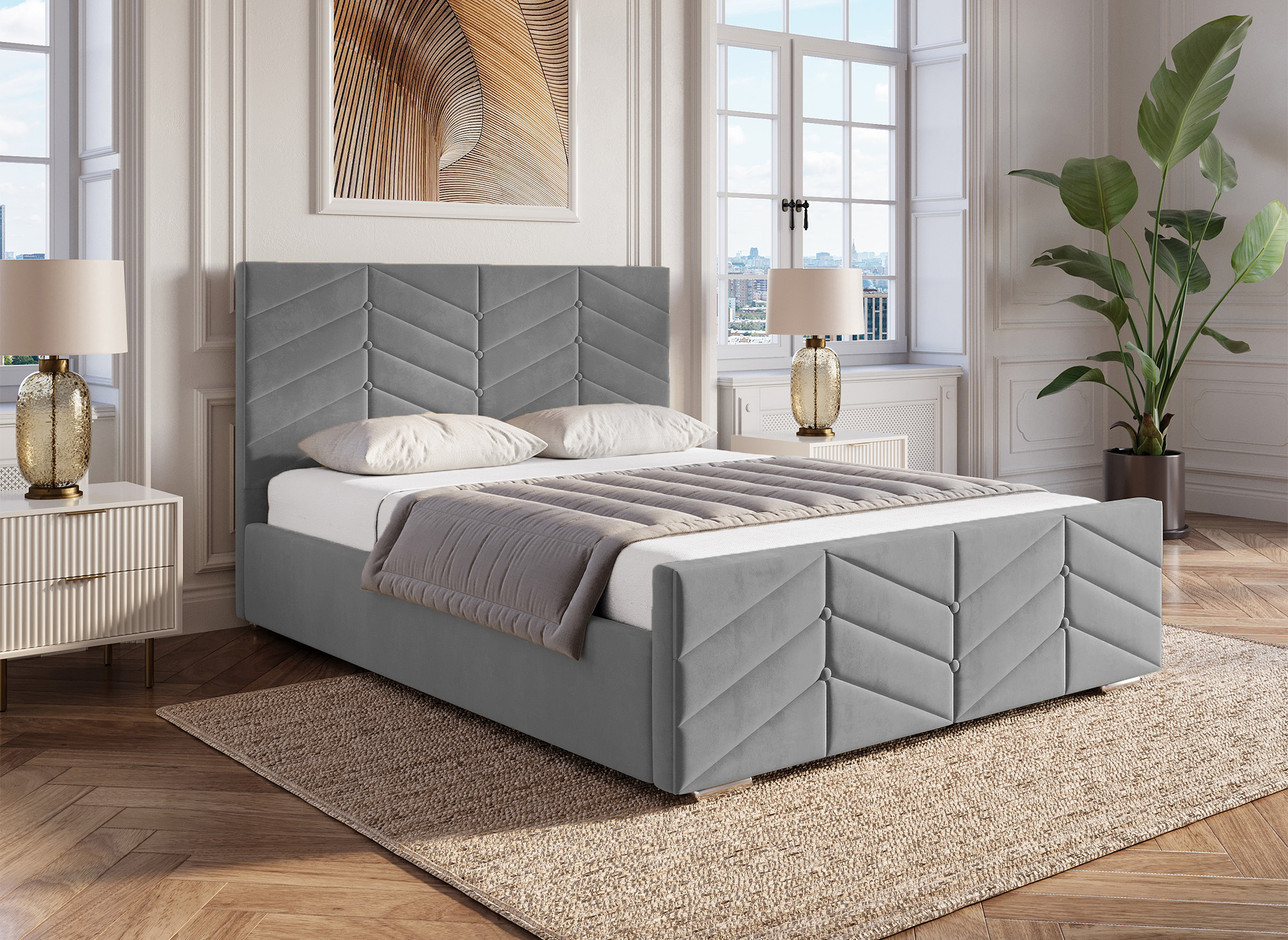 Lit avec sommier relevable et coffre en velours gris 140x190 cm PALMA