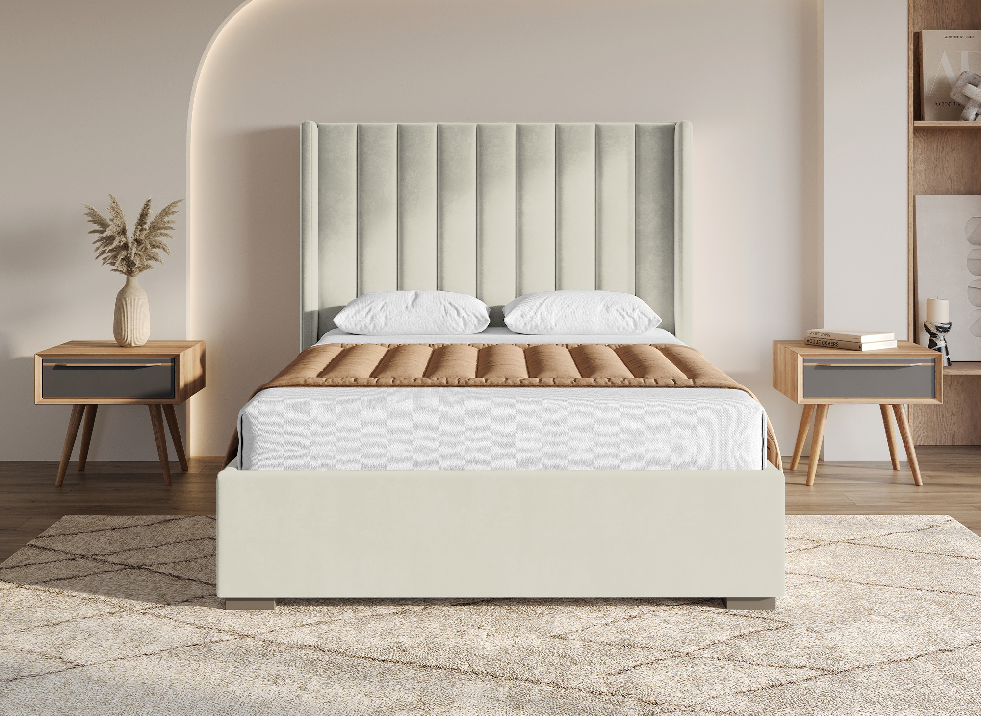 Lit coffre en velours beige 140x190 cm ALENA