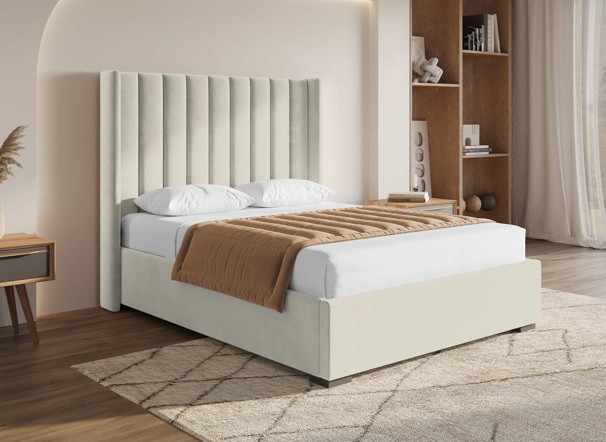 Lit coffre en velours beige 140x190 cm ALENA