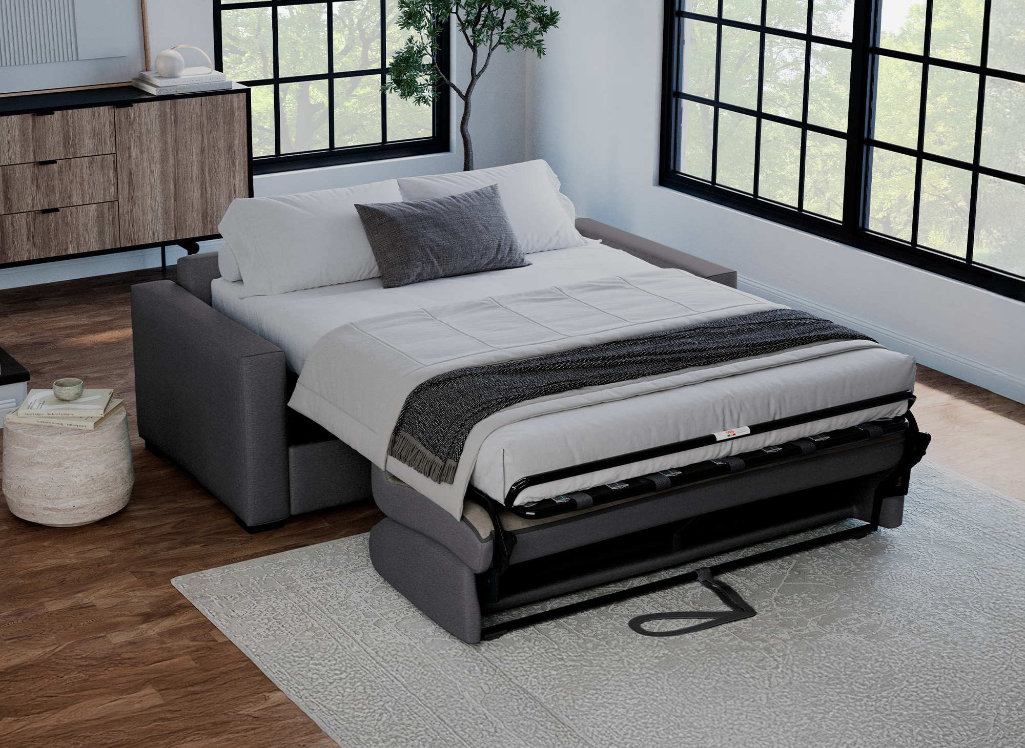 Canapé convertible 3 places LOUNA LUXE en tissu gris foncé ouverture express matelas 18 cm