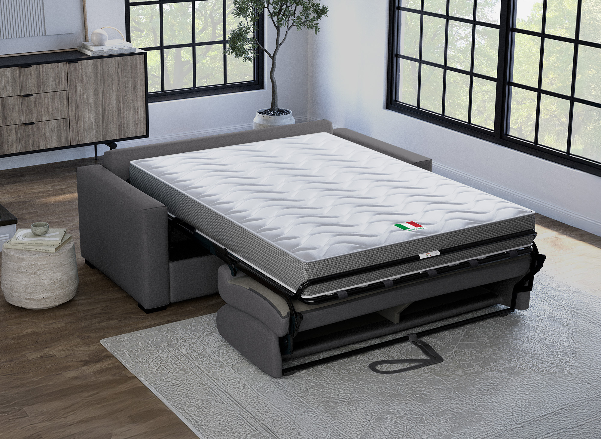 Canapé convertible 3 places LOUNA LUXE en tissu gris foncé ouverture express matelas 18 cm