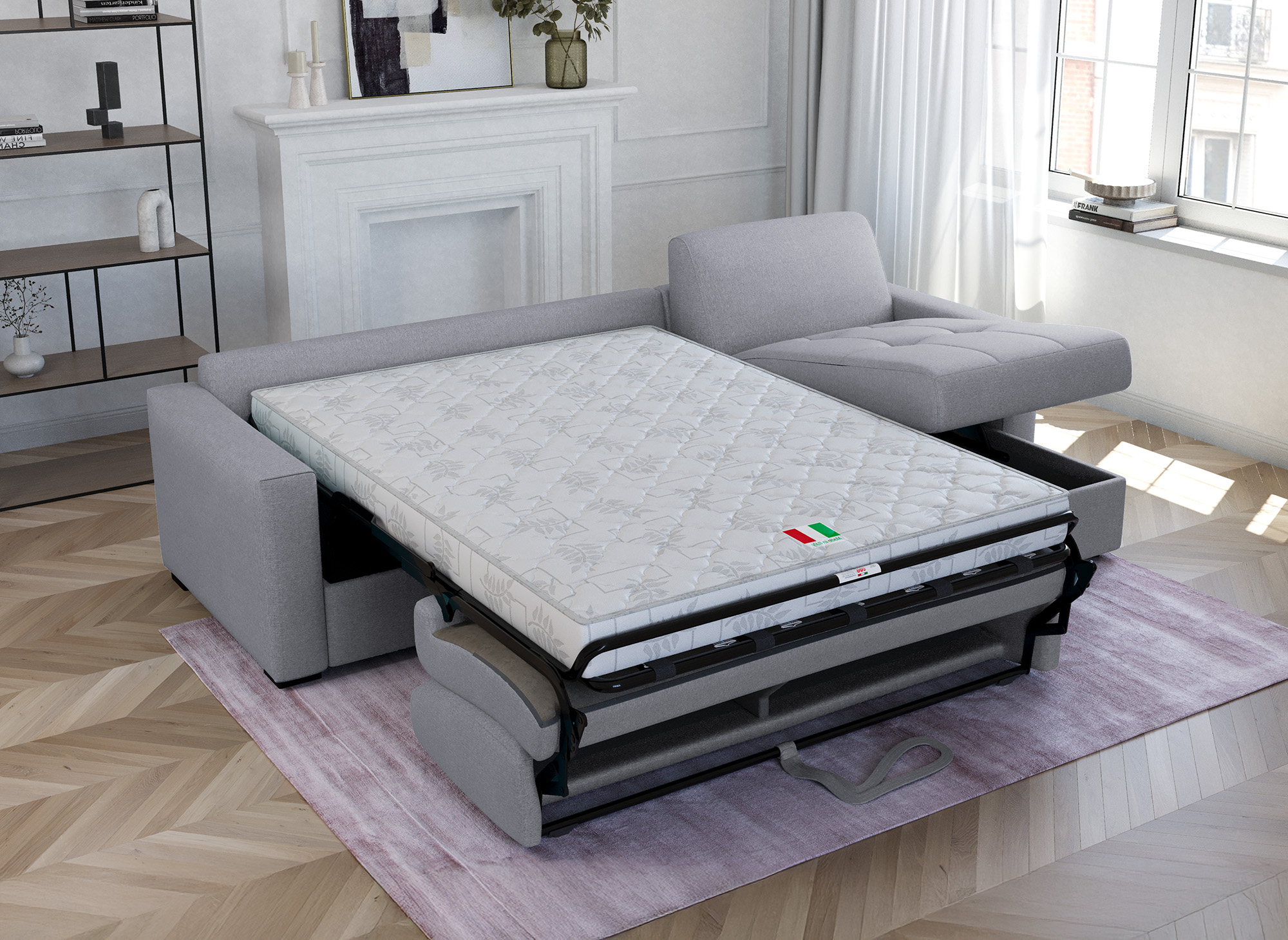 Canapé d'angle réversible convertible LOUNA en tissu gris avec coffre de rangement