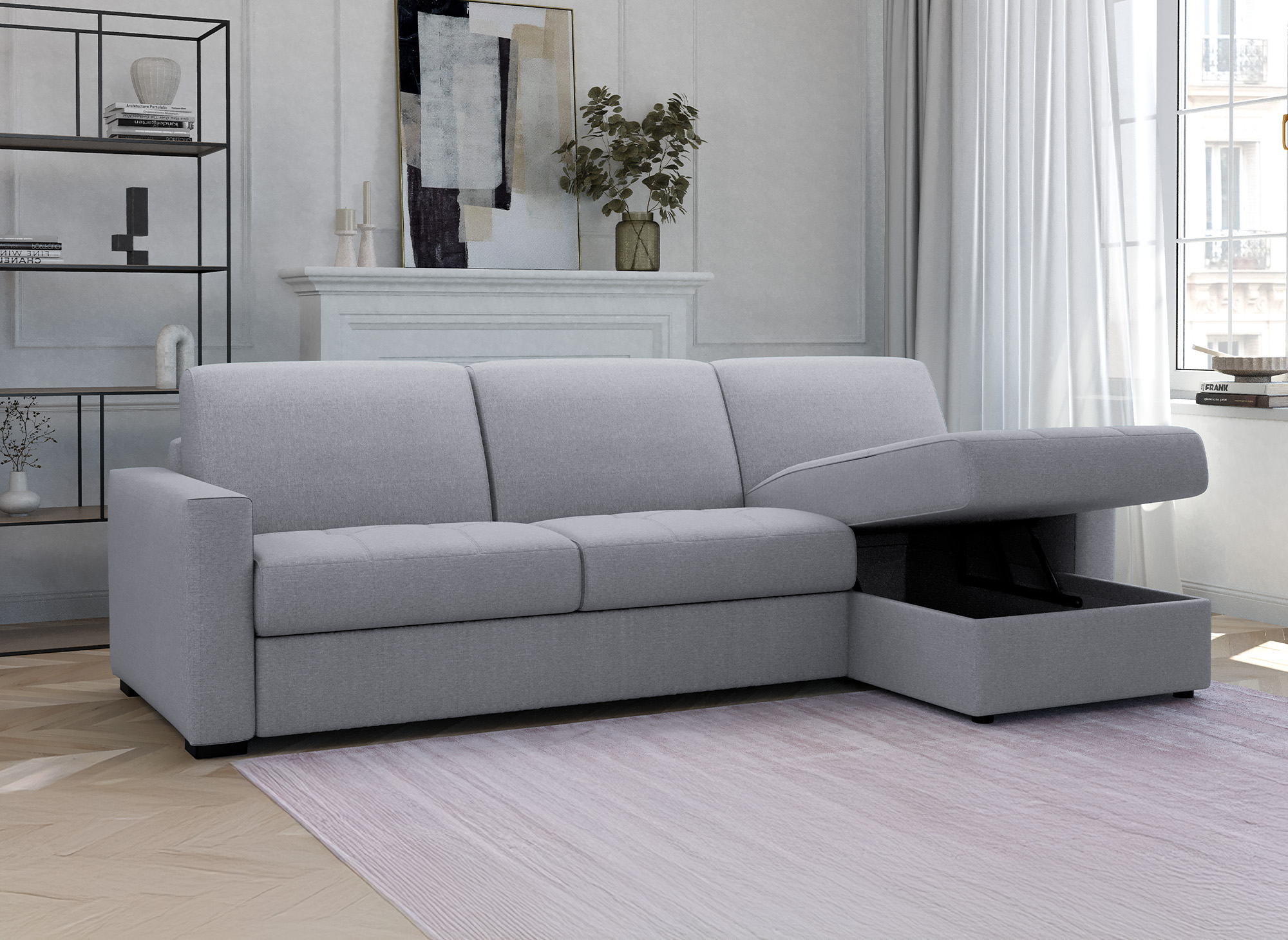 Canapé d'angle réversible convertible LOUNA en tissu gris avec coffre de rangement