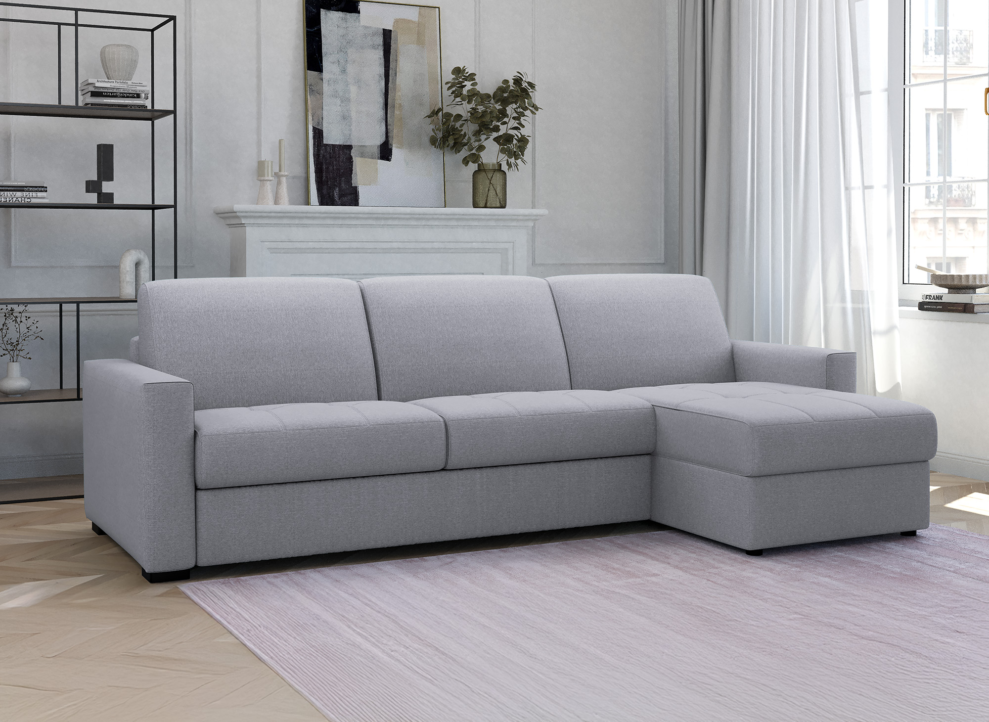 Canapé d'angle réversible convertible LOUNA en tissu gris avec coffre de rangement