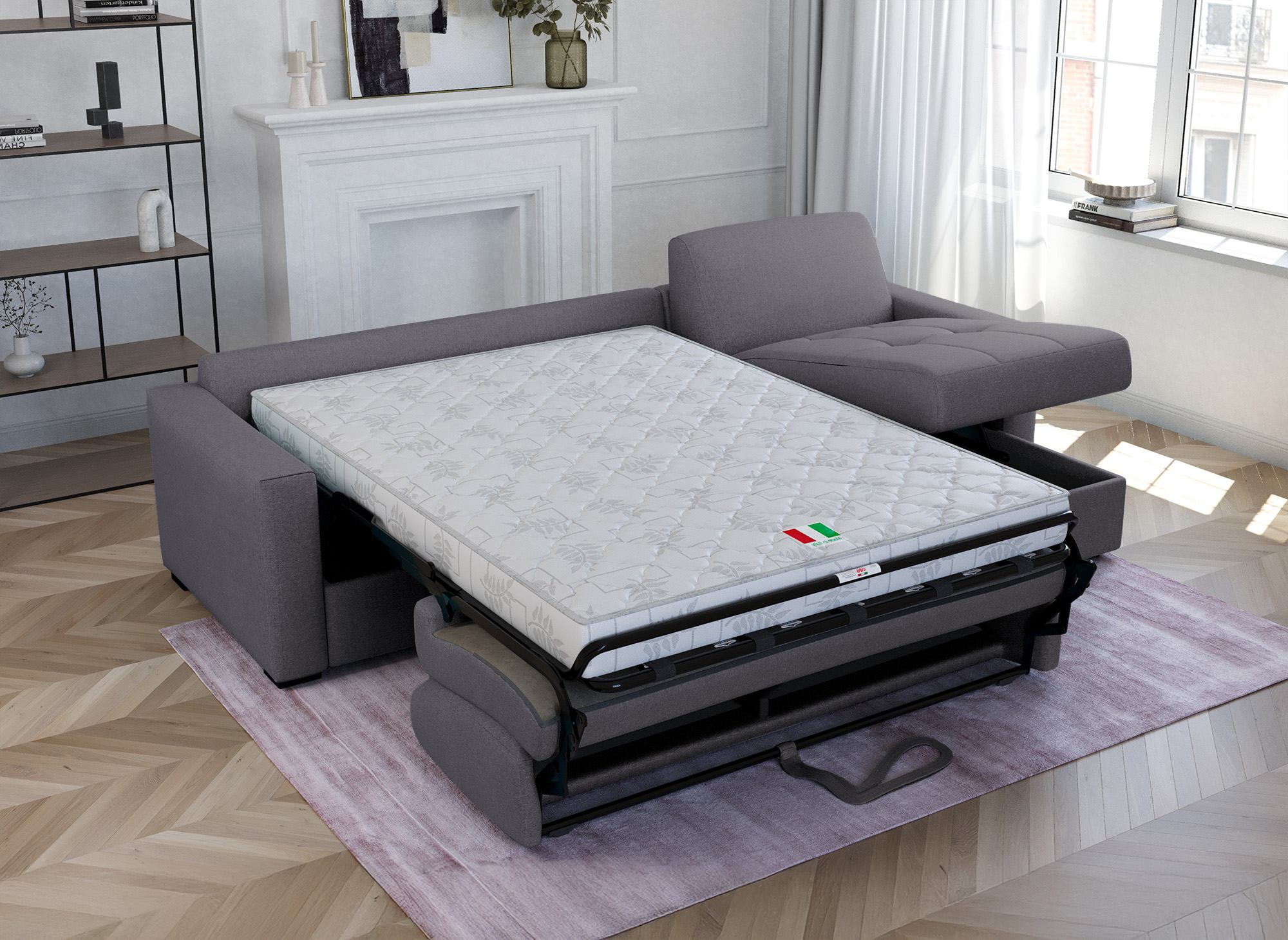 Canapé d'angle réversible convertible LOUNA en tissu gris foncé avec coffre de rangement