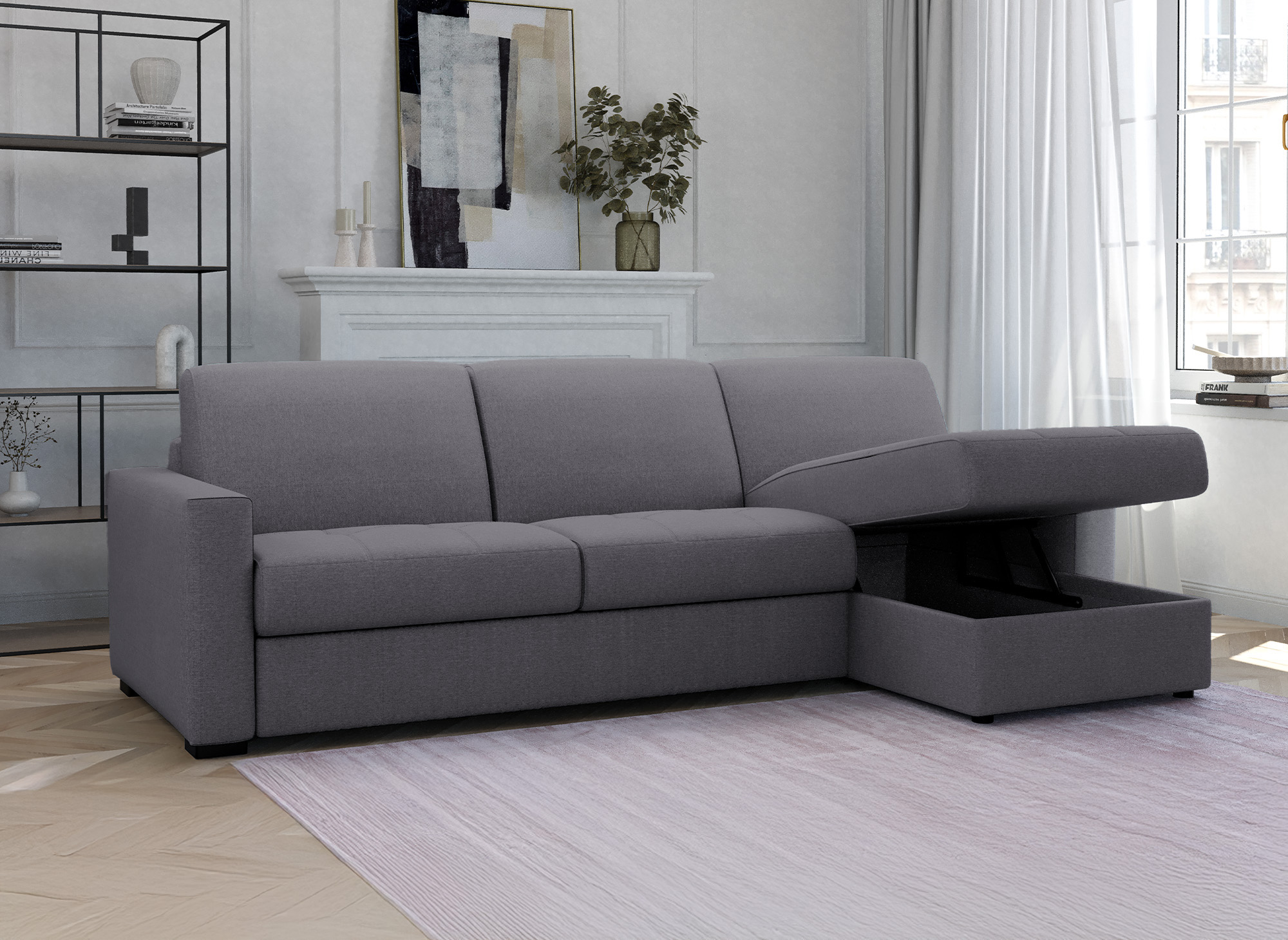 Canapé d'angle réversible convertible LOUNA en tissu gris foncé avec coffre de rangement