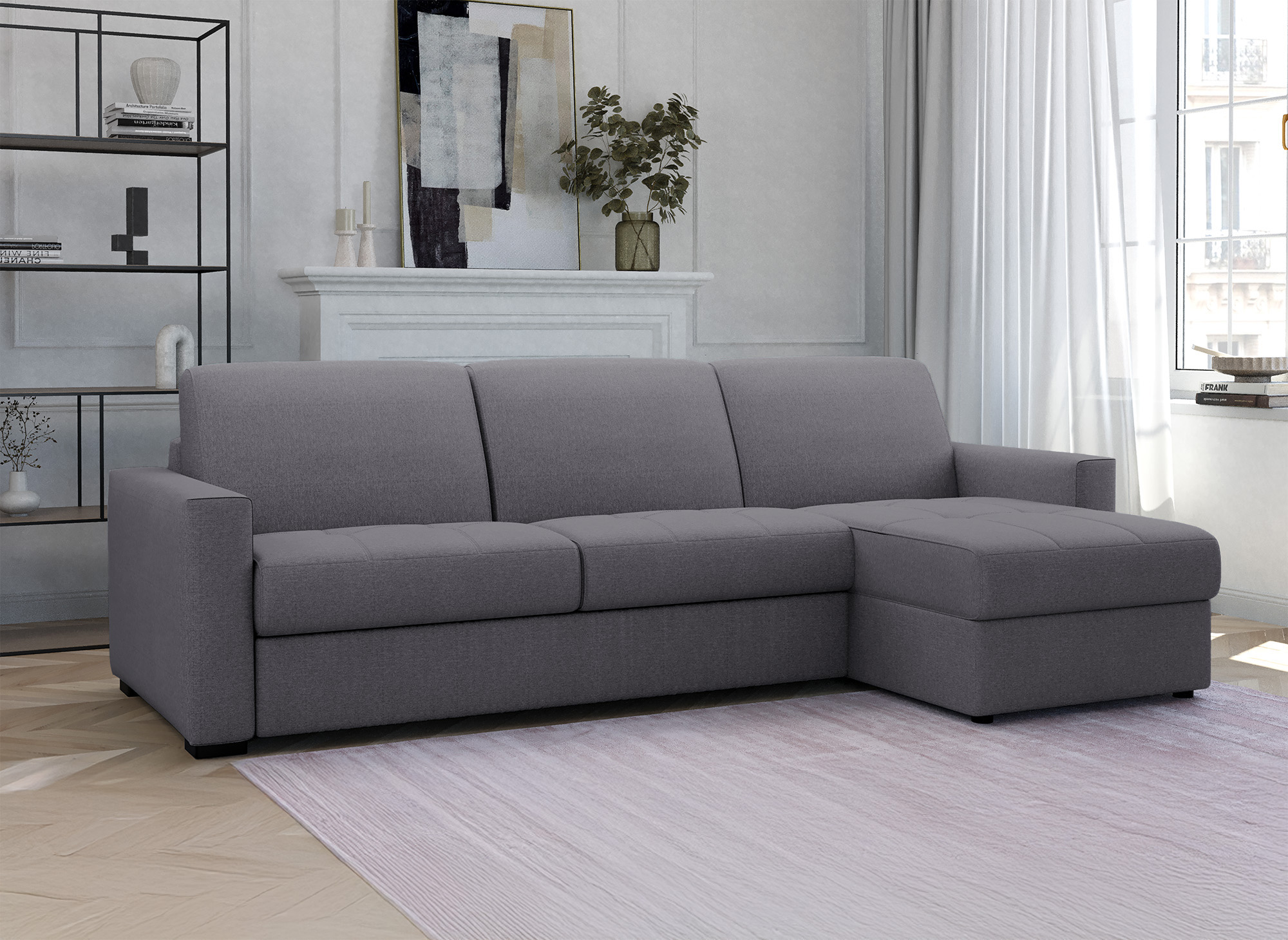 Canapé d'angle réversible convertible LOUNA en tissu gris foncé avec coffre de rangement