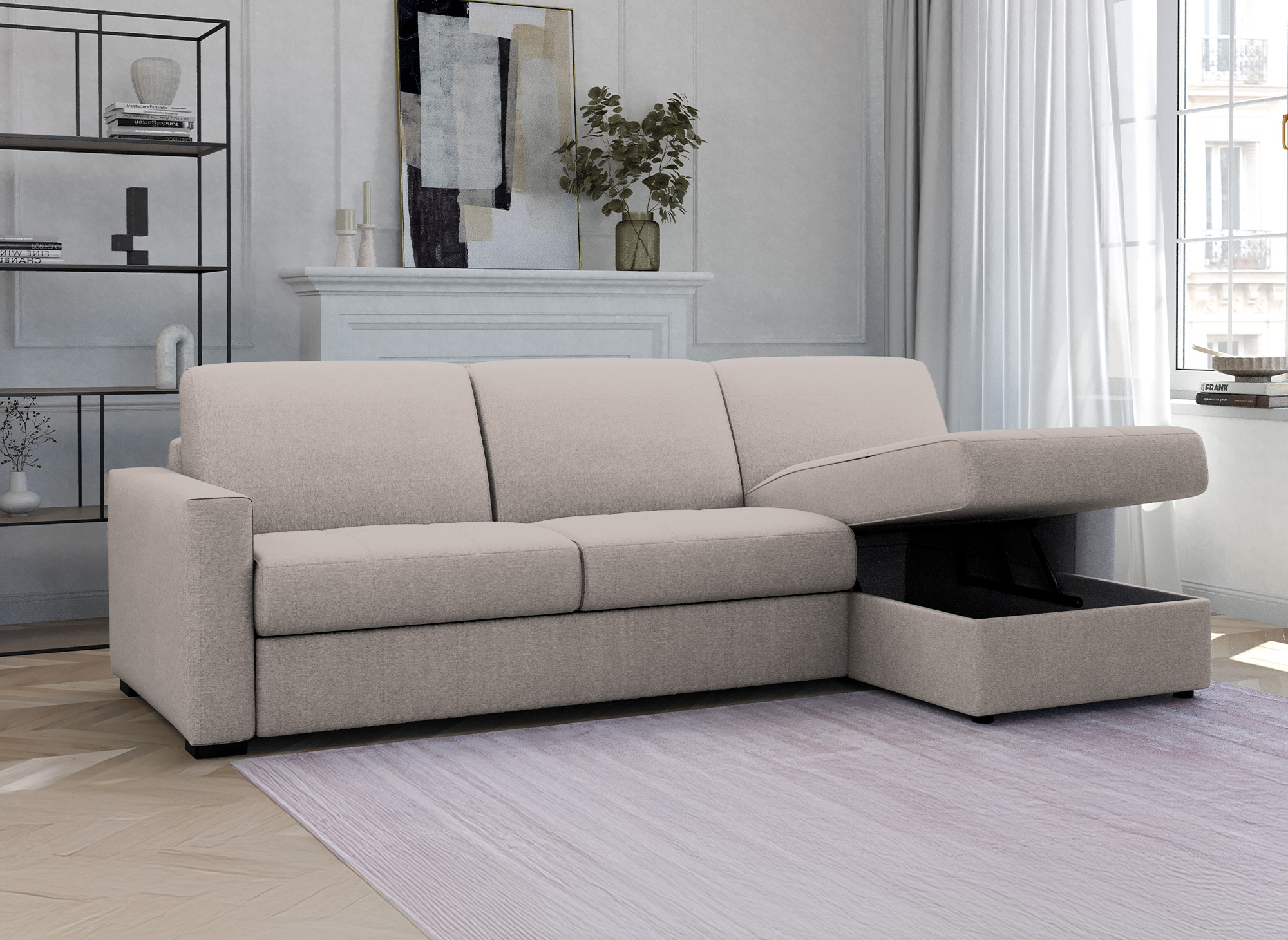 Canapé d'angle réversible convertible LOUNA en tissu beige avec coffre de rangement