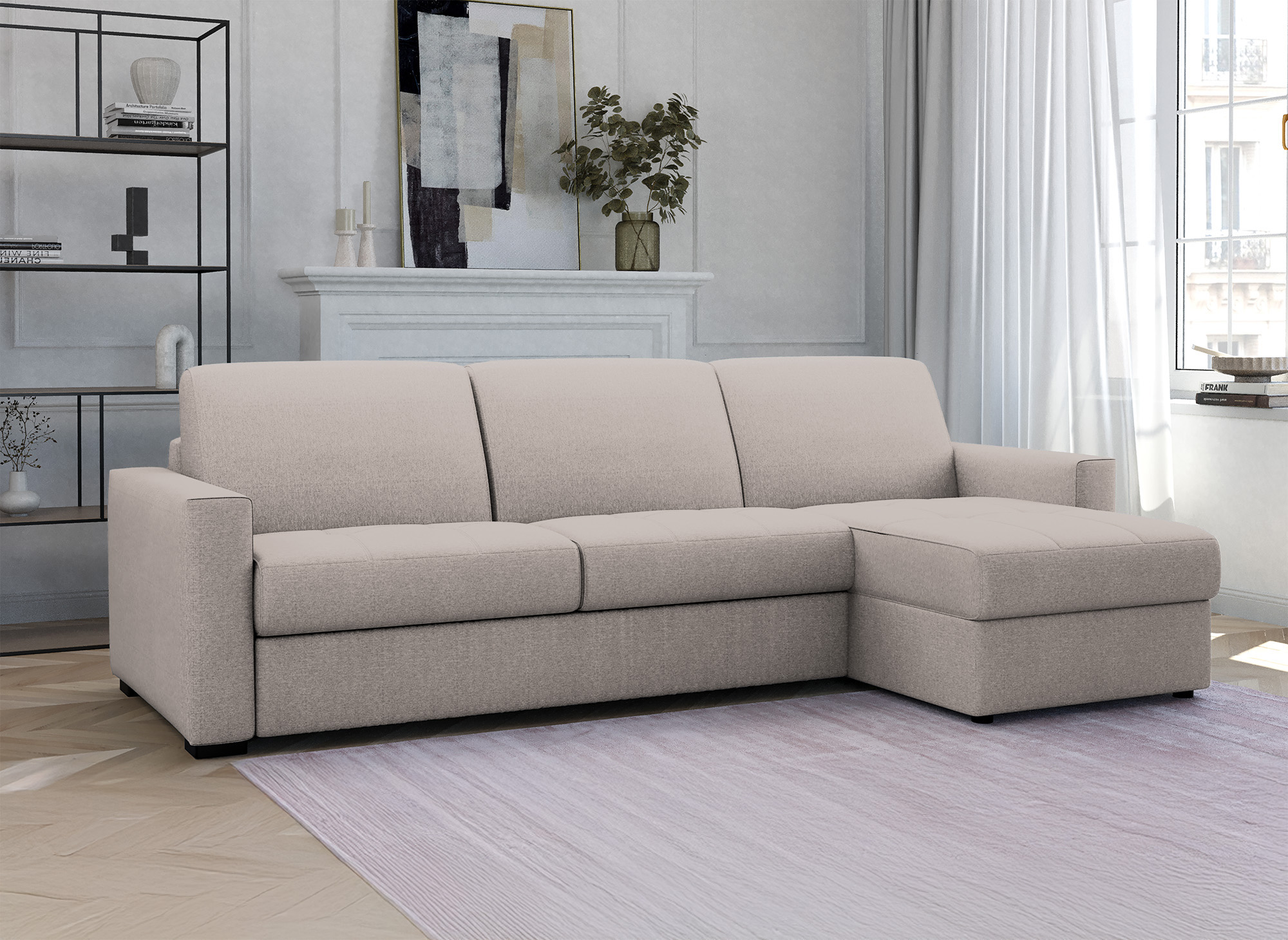 Canapé d'angle réversible convertible LOUNA en tissu beige avec coffre de rangement