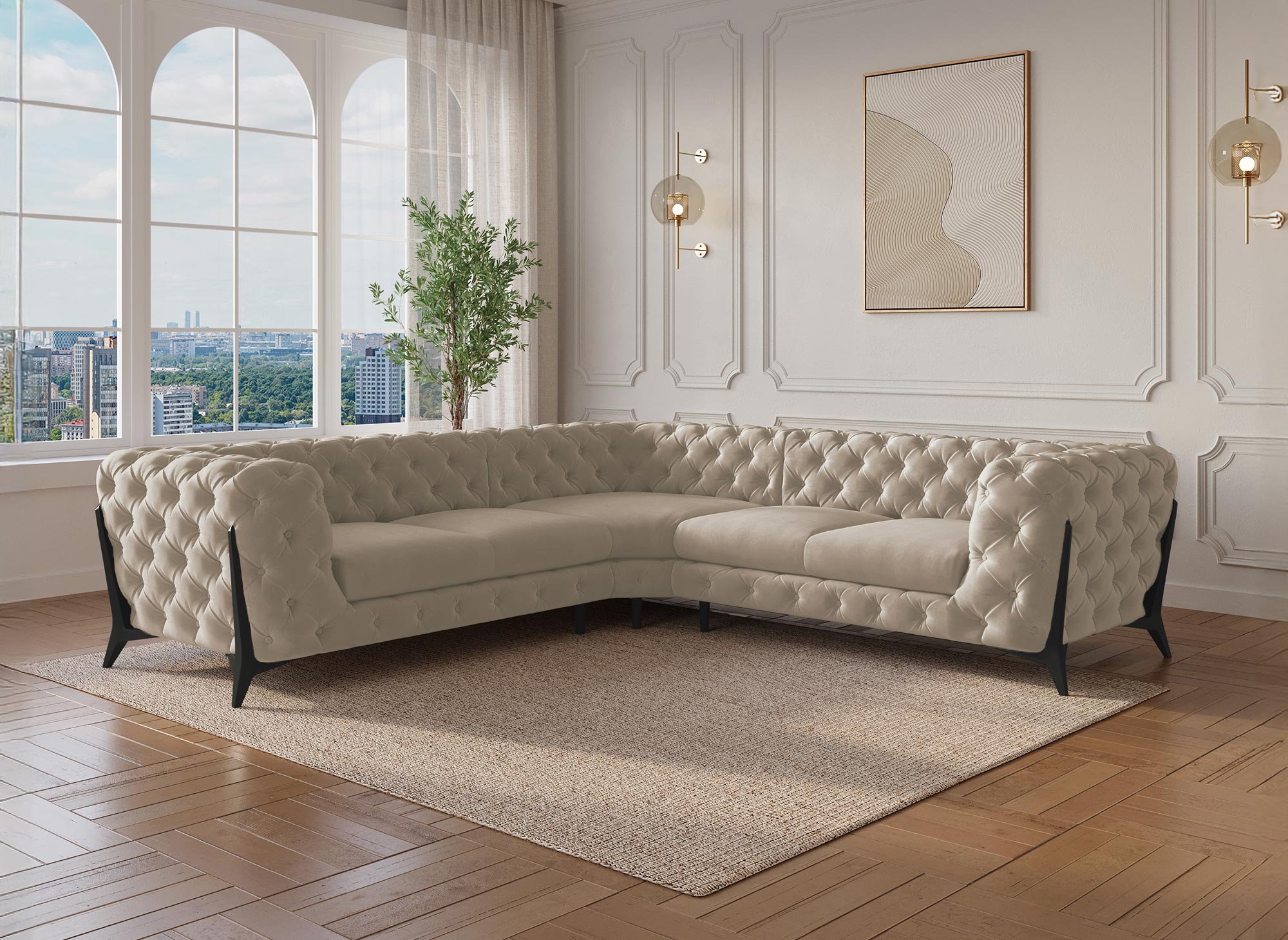 Canapé d'angle capitonné chesterfield velours beige CARMEN